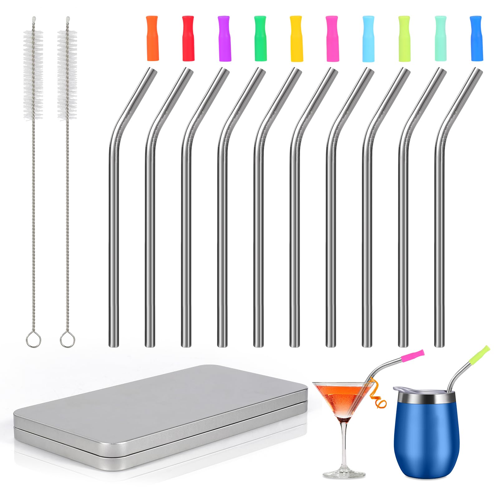 Photo 1 of [10 Pcs] 6 Inch Reusable Metal Straws - 18/8 Stainless Steel Bendy Straw for Cocktail Coffee, Package with 10 Colors Silicone Tips and Metal Case, Short Straws for Cocktail Glasses and Coffee Mugs