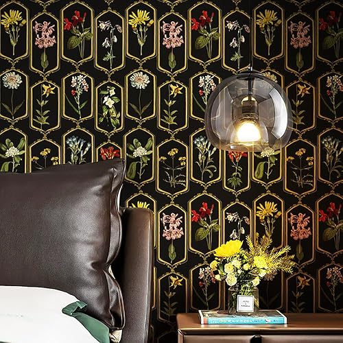Miniatura 3 de FLUGGER Papel tapiz floral autoadhesivo, extraíble, para gabinetes de dormitorio, 17.3 x 236 pulgadas, color negro