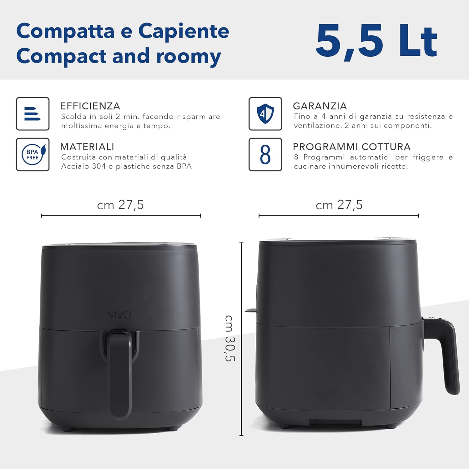 Friggitrice ad Aria Calda 5,5 Litri, Air Fryer con 8 Programmi, Display Touch, Tempo Cottura e Temperatura Regolabili, senza BPA e PFOA, 1700W Friggitrice ad Aria Calda 5,5 Litri, Air Fryer con 8 Programmi, Display Touch, Tempo Cottura e Temperatura Regolabili, senza BPA e PFOA, 1700W