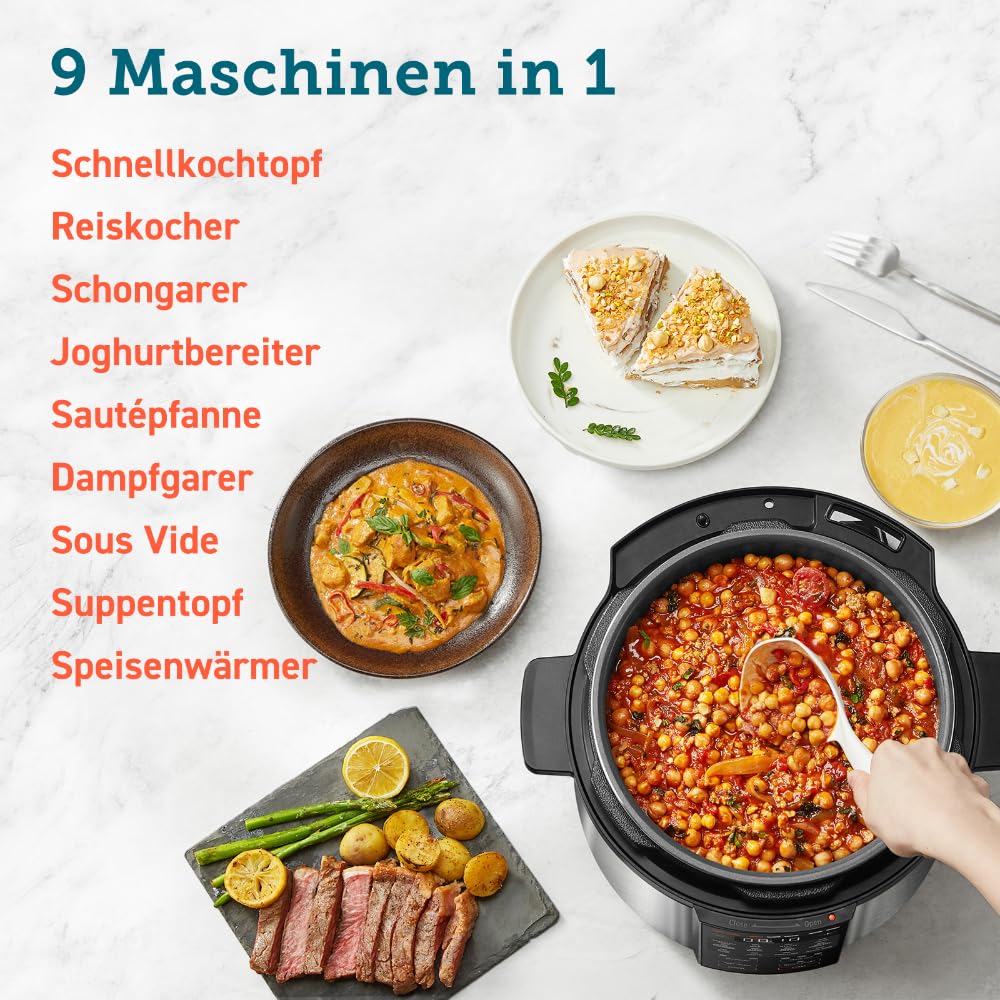 COSORI Schnellkochtopf, Keramikbeschichtung, 9-in-1, Multikocher mit 14 Funktionen, Pressure Cooker 5,7 L, Reiskocher, Dampfgarer, Joghurtbereiter, Slow cooker und Sous Vide, Rezeptbuch, Edelstahl