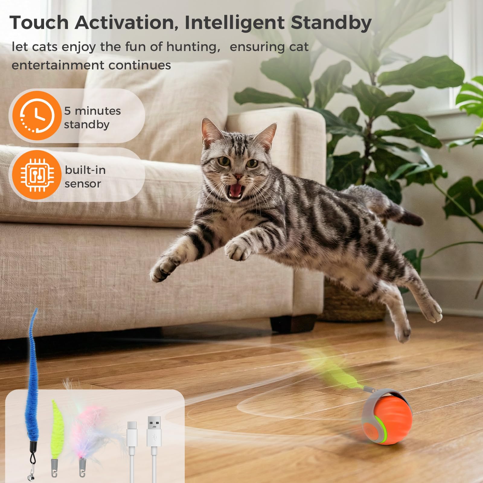 LDZ&CHX Pelota de juguete interactiva para gatos de interior, bola rodante activada por movimiento automático con 3 colas reemplazables, ejercicio divertido para gatos adultos aburridos