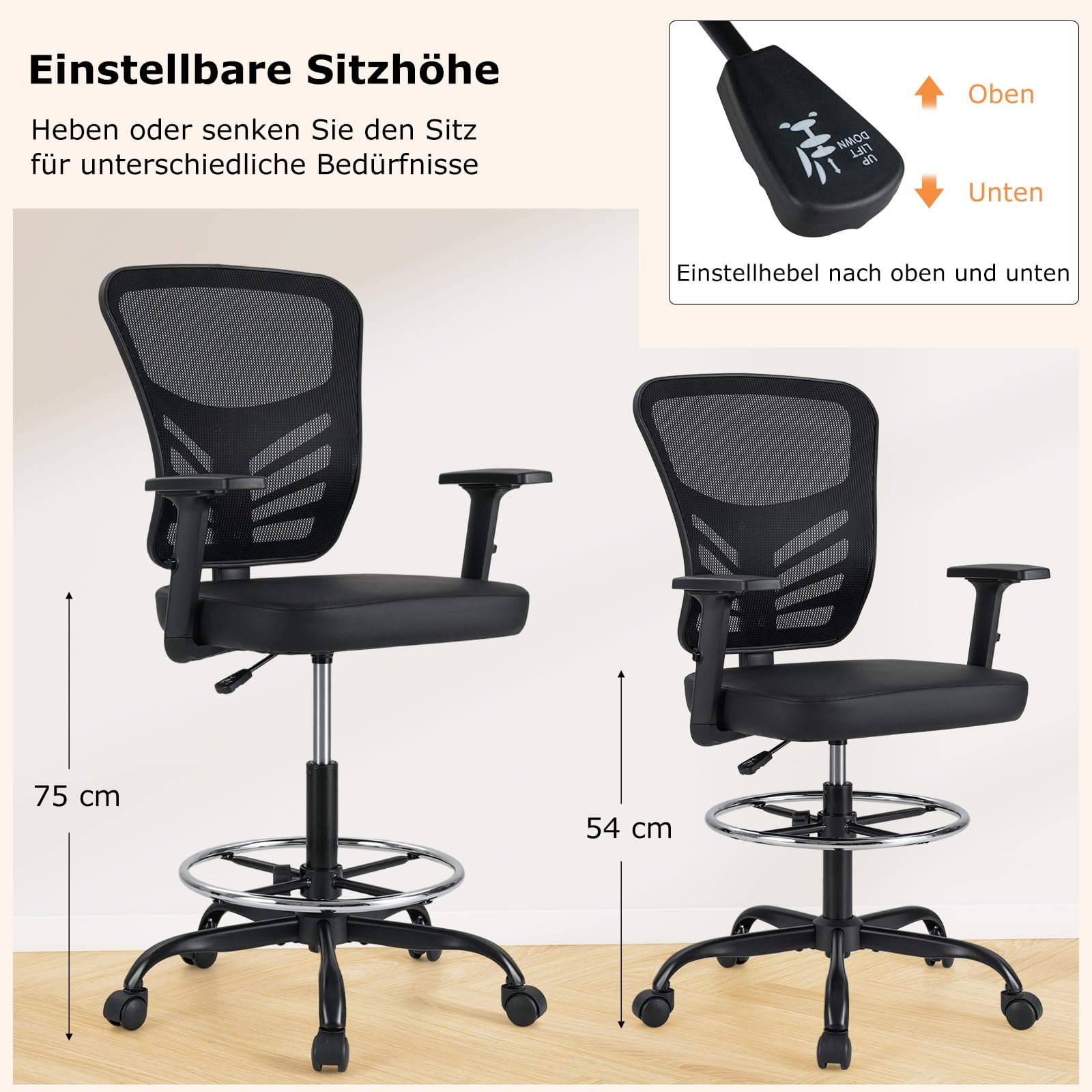 COSTWAY Arbeitsstuhl, Bürostuhl mit verstellbaren Armlehnen und Fußstütze, Sitzhöhe 54-75 cm, Hoher Drehstuhl, Computerstuhl, Schreibtischstuhl bis 150 kg Belastbar, Schwarz