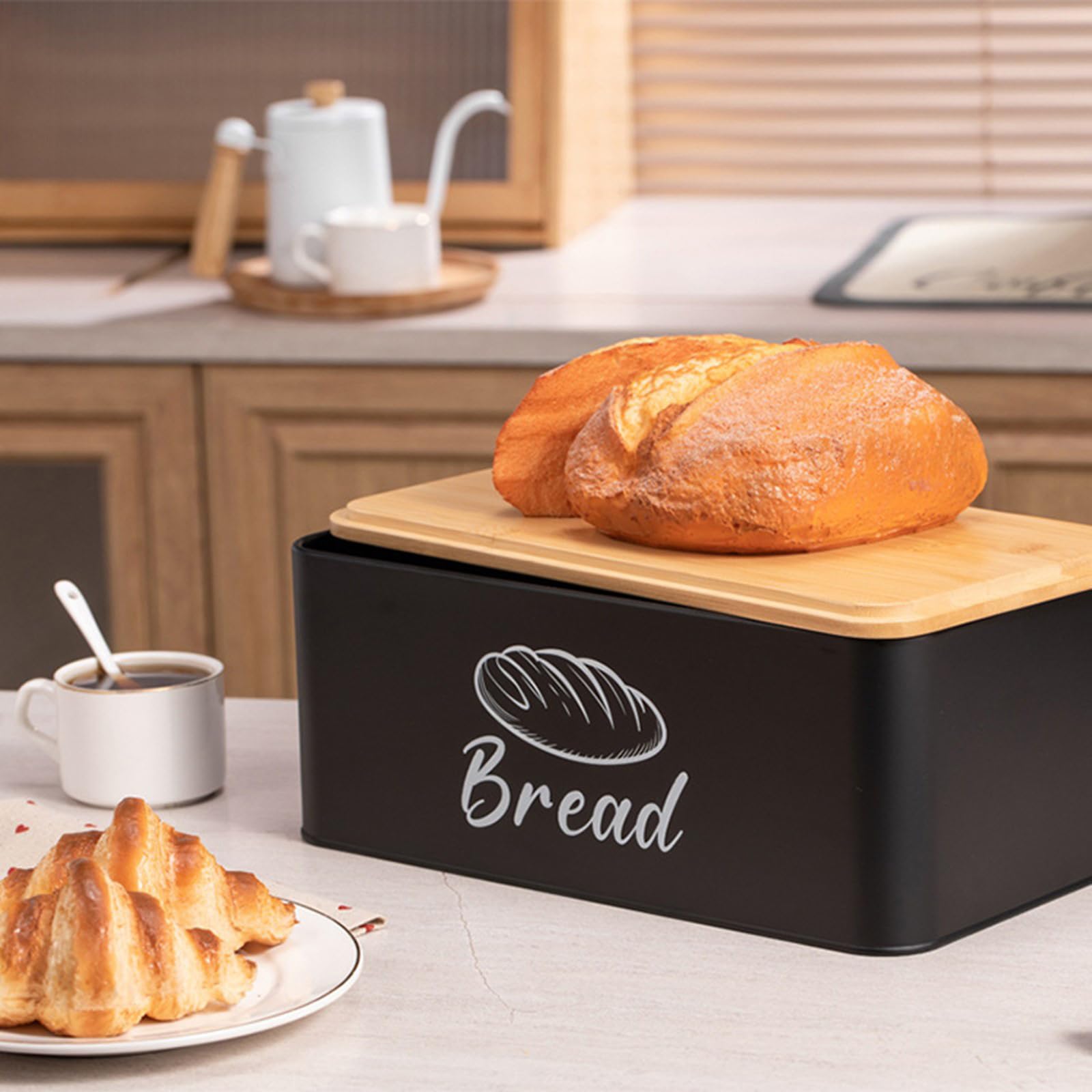 4 Vorratsdosen aus Holz und Edelstahl für Kaffee, Zucker, Brot mit luftdichtem Verschluss, moderne Küchen, Aufbewahrungsdosen für Kaffee, Zucker, Brot
