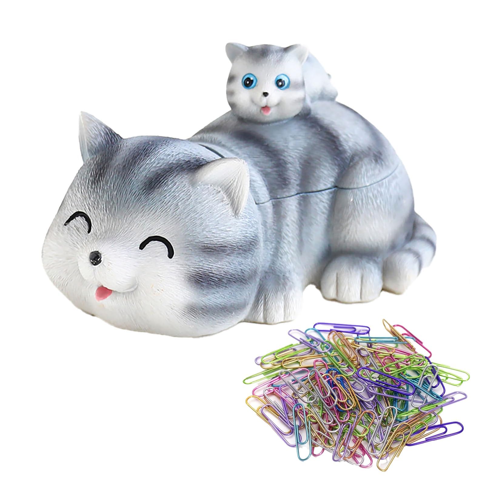 BAGFSHET Cute Cat Paper Clip Holder with 50pcs Colored Metal Paper Clips for Desk Aesthetic Home Office Decoration, White Black