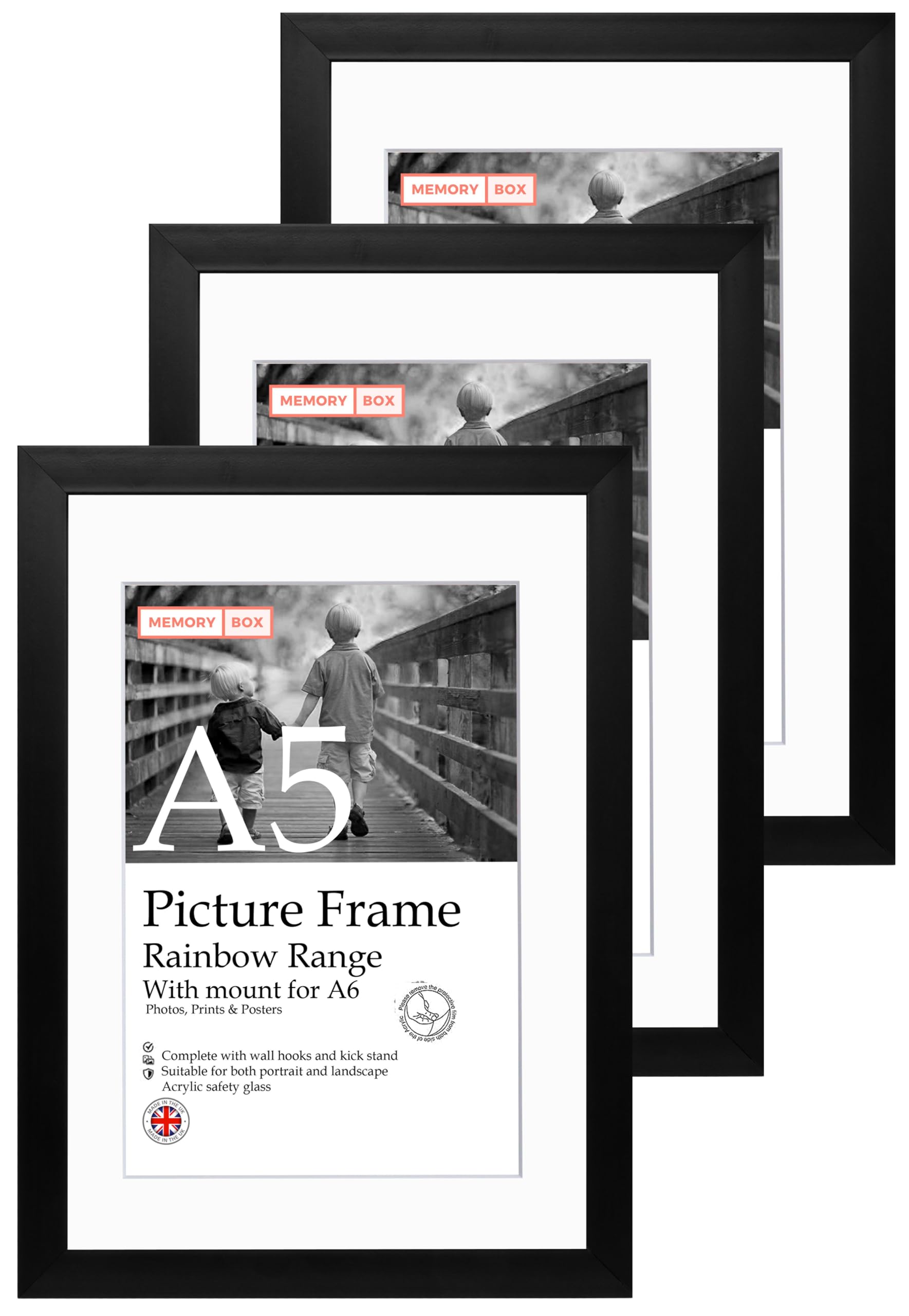 A5 Black Picture Frame Set of 3, Perfect for Displaying A6 Pictures with Mount or A5 Pictures Without Mount, Gallery Wall, Posters, Photos, Artwork, or Prints, Black