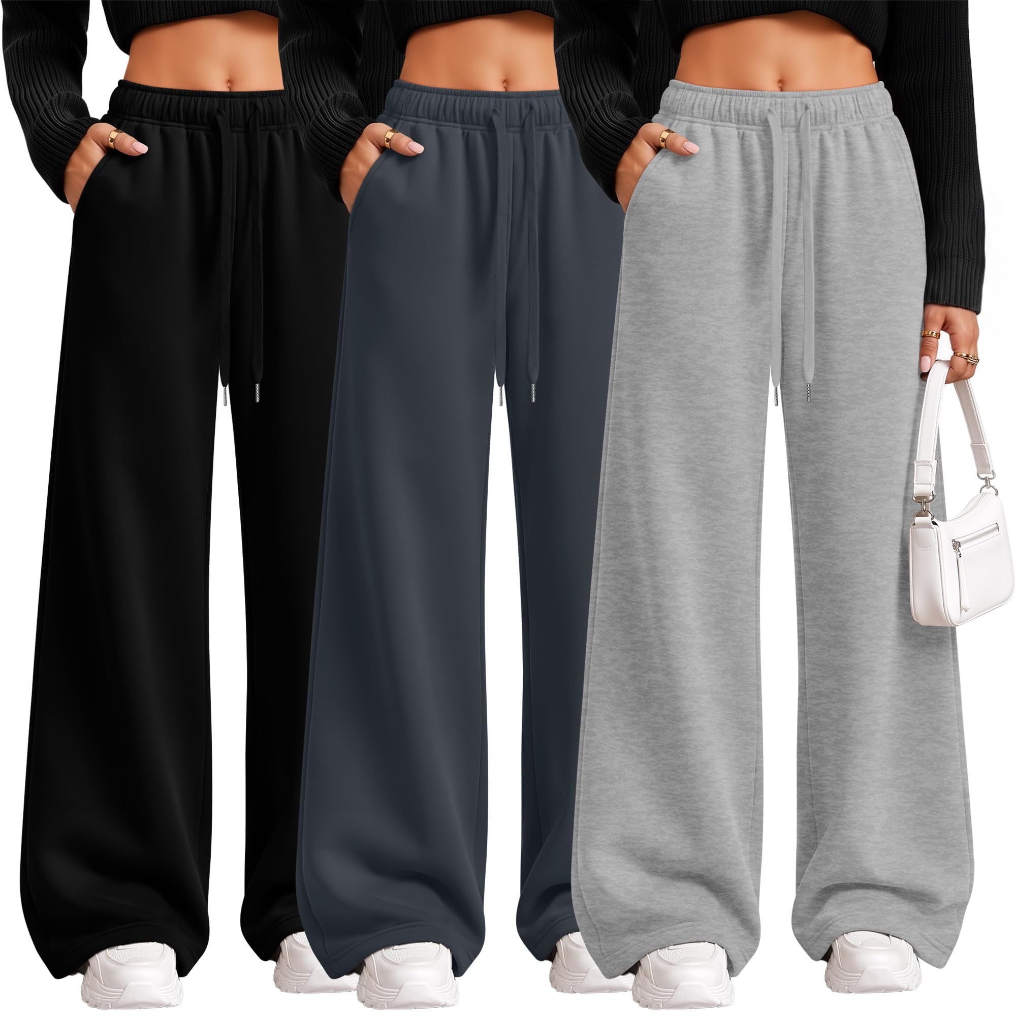 Riyiper Lot de 3 Pantalons de survêtement Larges pour Femmes Droits à Cordon de Serrage Taille élastique Jogging avec Poches