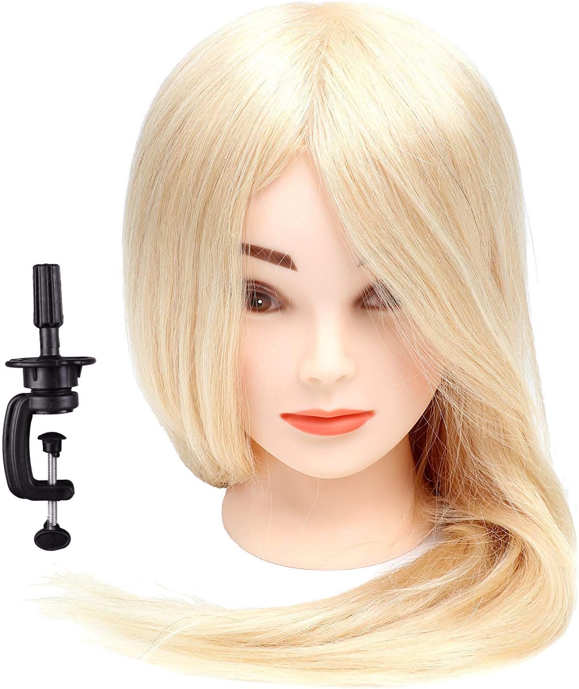 18"/20"/24"/26"Blonde Mannequin Head Training Head Manikin Cosmetology Doll Head 100% Real Human Hair Hairdressing Training model For Hair Practicing Braiding Styling Cutting with Free Clamp 24"&150g