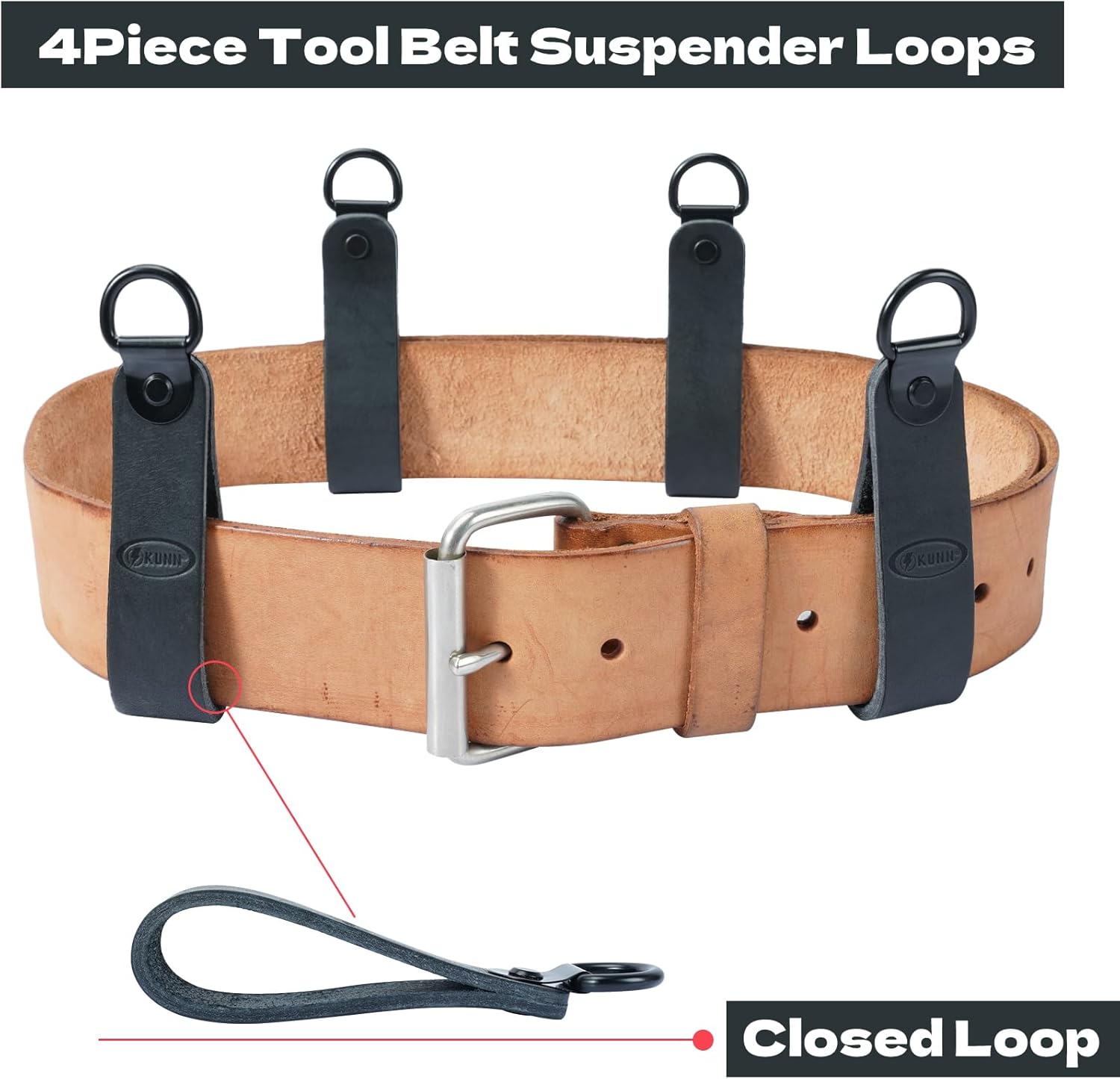 Leather Tool Belt Suspender Loops,KUNN 4-Piece Heavy Duty Suspender Strap Belt Connectors Accessories,Black