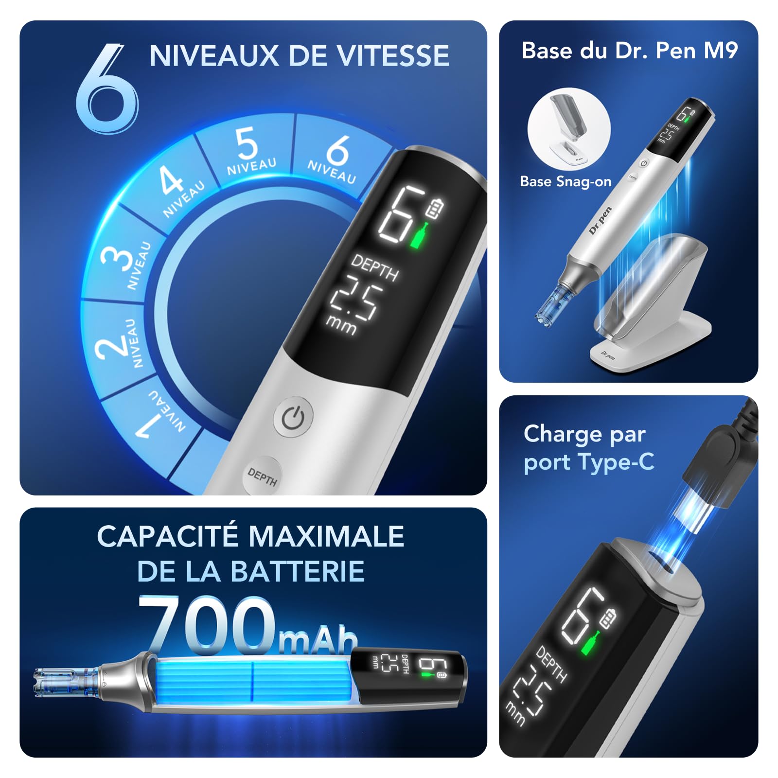 Dr. Pen M9 Stylo Microneedling Sans Fil | 4 Types de Cartouches Interchangeables | 6 Vitesses Réglables, 0–2.5mm Réglage de Profondeur, Batterie Rechargeable 700 mAh avec Station de Support