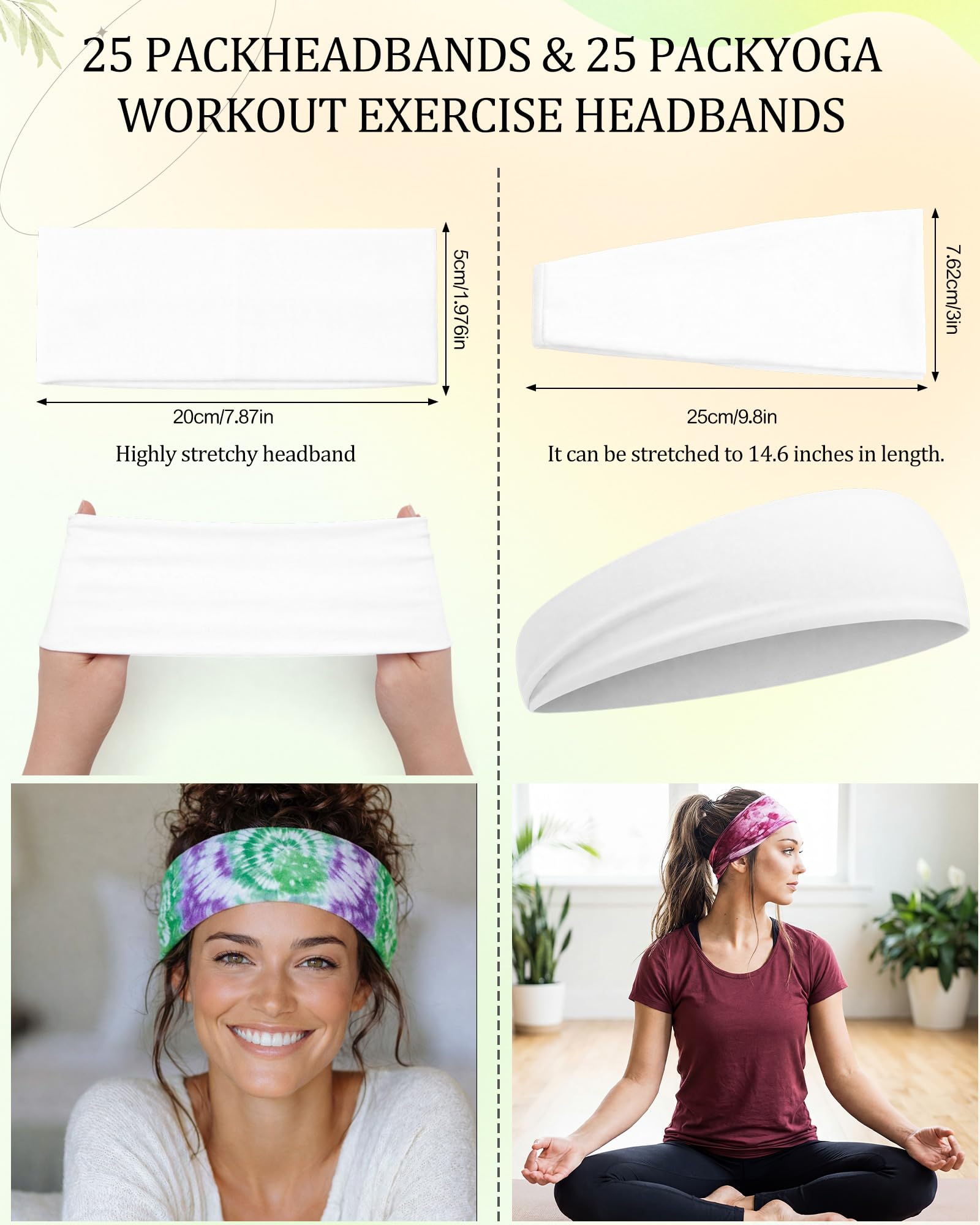 Sosation Batik-Set, weiße Baumwoll-Haargummis, Workout-Stirnbänder, weiße Stirnbänder, Yoga, feine Bandanas mit Gummibändern für Damen, Batik-Party, 100 Stück