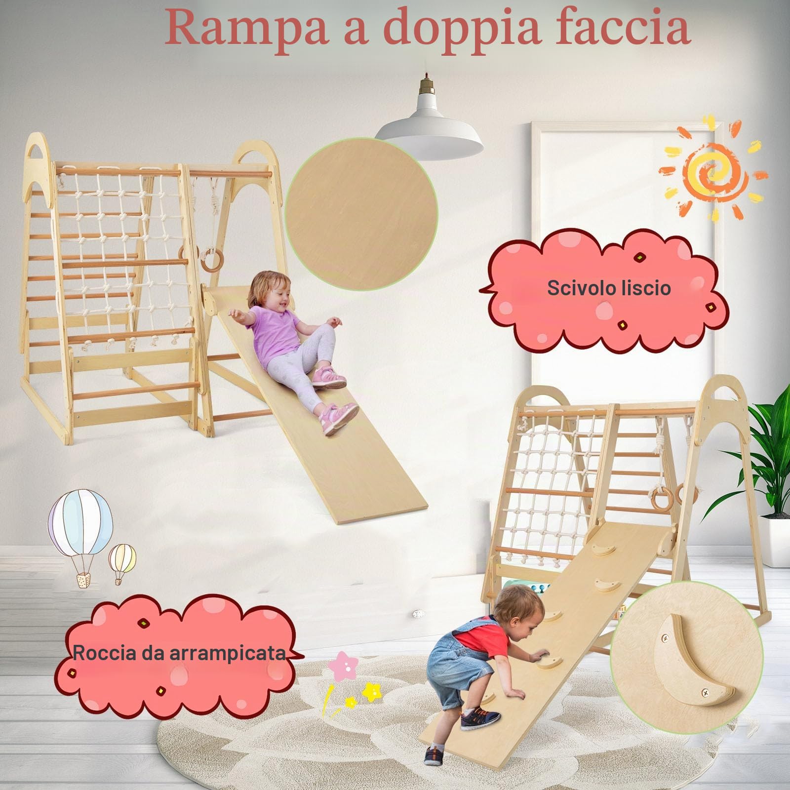 LIFEZEAL 6 in 1 Arrampicata con Scivolo Rete Scaletta e Anelli per Bambini, Triangolo Struttura da Arrampicata in Legno Sicuro e Divertente, Casetta Parco Giochi Stabile per Bimbi 3 Anno+