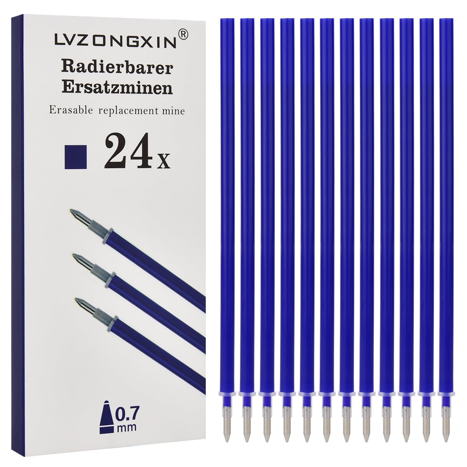 LVZONGXIN 24er Radierbare Ersatzminen, Kompatibel Mit Legami, [ BLAU ]- Spitze 0,7mm,Höhe 13 cm, Radierbare Tintenrolle, Nachfüllminen mit löschbare Tinte
