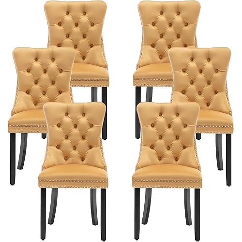 Kiztir Velvet Dining Chairs Set of 6, Upholstered Dining Room Chairs with Ring Pull Trim and Button Back, Luxury Tufted Dining Chairs for Living Room, Bedroom, Kitchen (Gold)