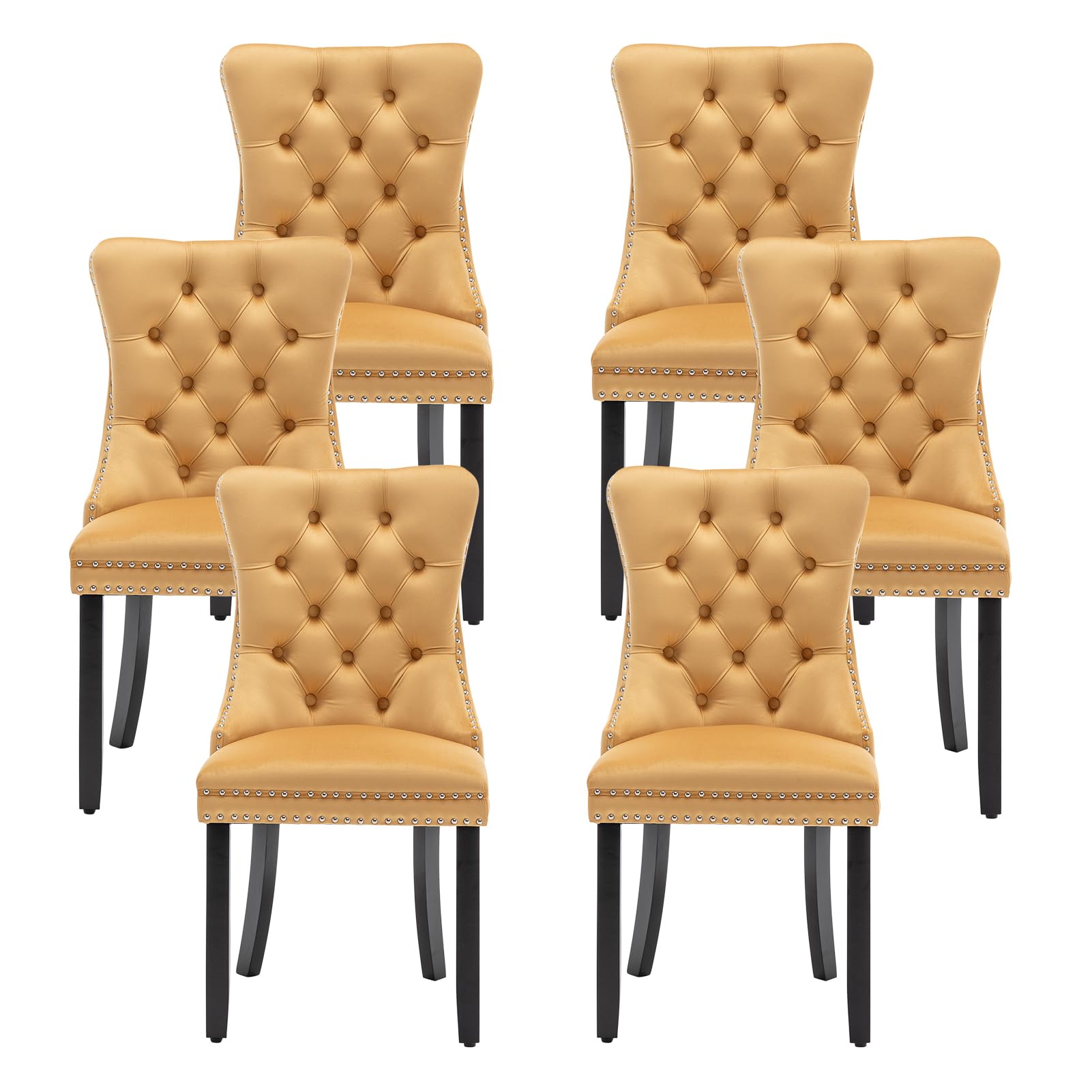 Kiztir Velvet Dining Chairs Set of 6, Upholstered Dining Room Chairs with Ring Pull Trim and Button Back, Luxury Tufted Dining Chairs for Living Room,