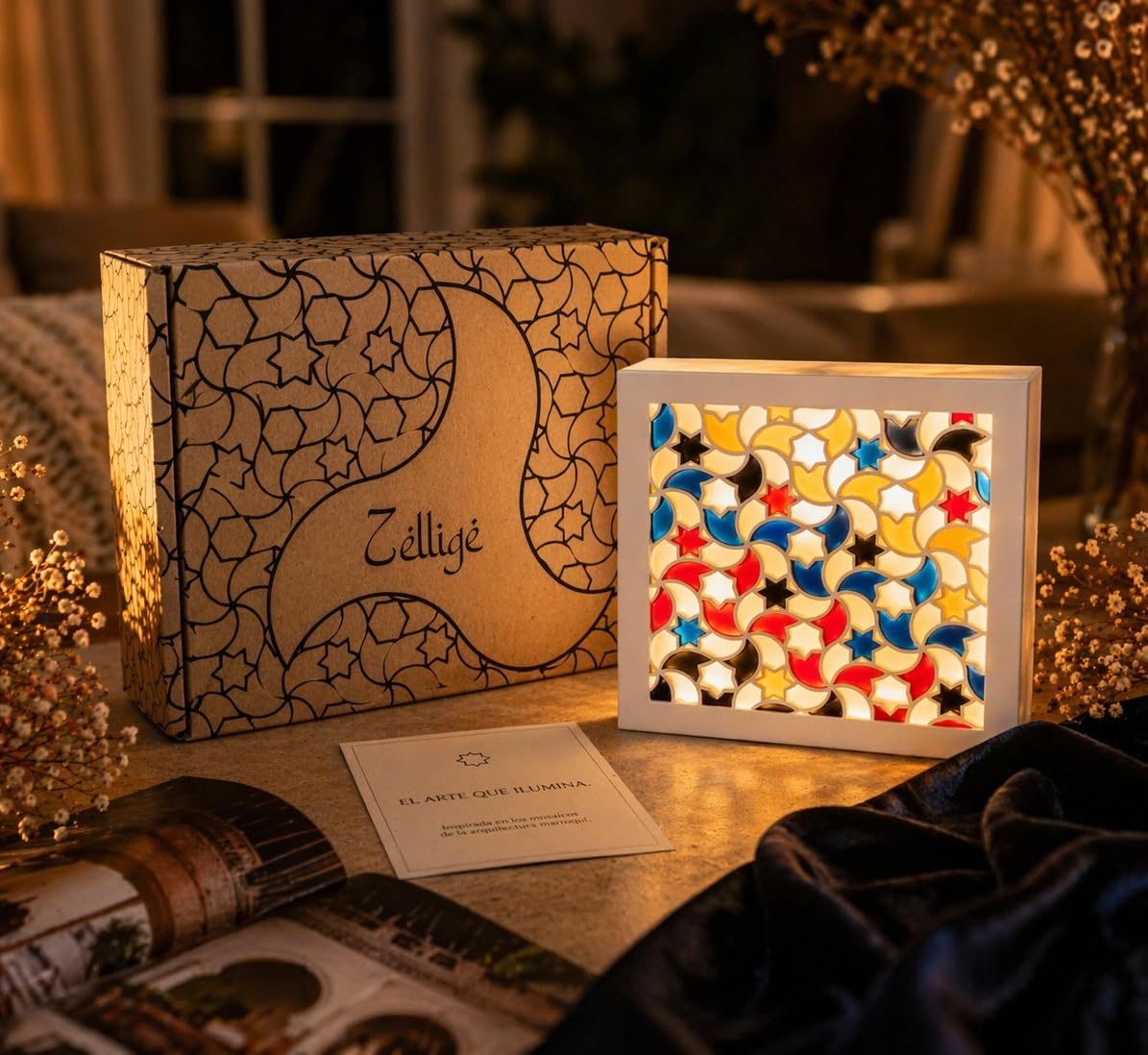 Mad & Cut Lámpara de Mesa Artesanal LED | Decoración Inspirada en la Alhambra Nazarí | Luz Cálida para Mesita de Noche y Salón | Fabricada en España | Diseño Zellige Premium