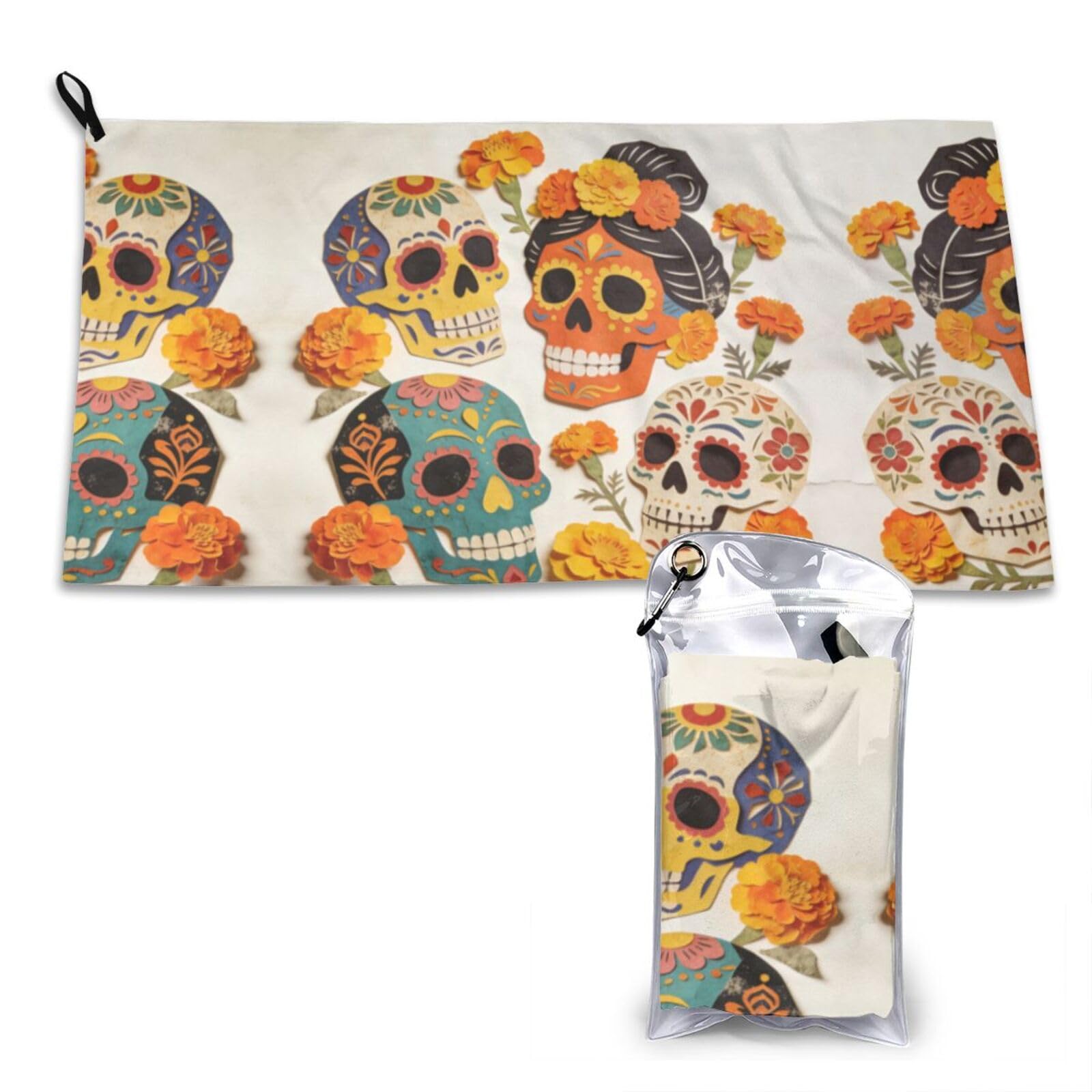 Vibrant Sugar Skulls & Marigolds Print Quick Dry Towel 16x31.5in White