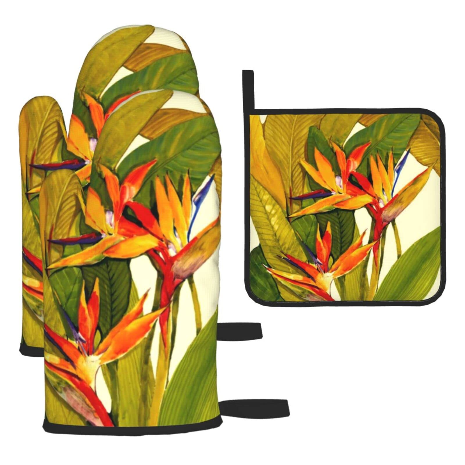 Tropical Bird of Paradise Printed Kitchen Baking Three-Piece Heat-Resistant Thick Cotton Oven Gloves for Cooking and Baking.
