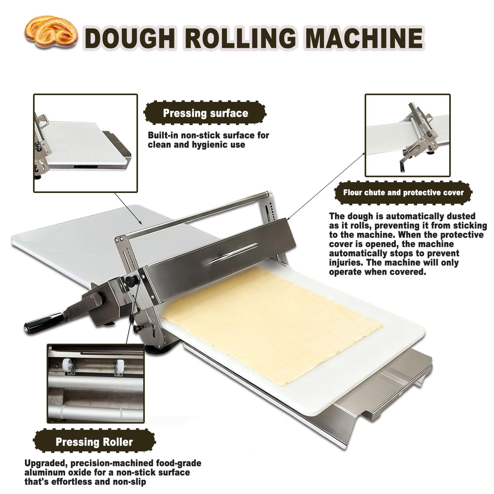 Sfogliatrice manuale per panetterie e pasticceria, efficiente rotolamento e piegatura per croissant, pizza e pasta sfoglia