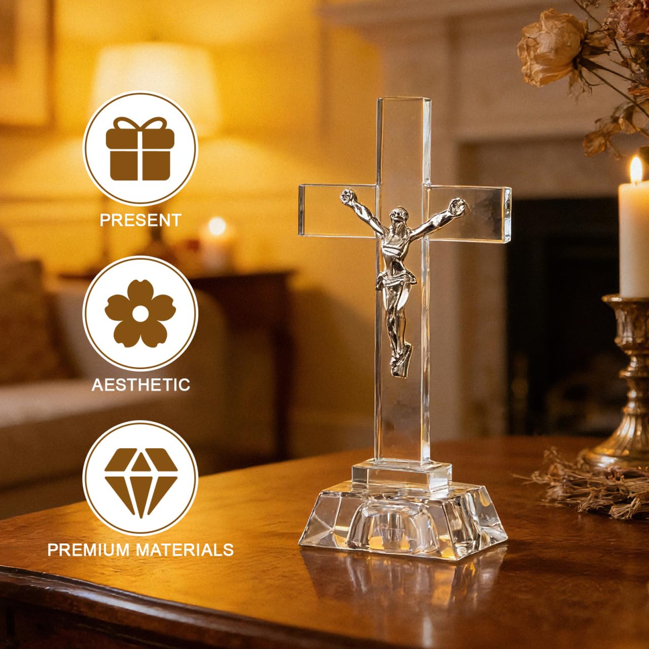 Croix Debout En Cristal Jésus Crucifix - Statue Religieuse Ornement Catholique Pour Décoration Maison