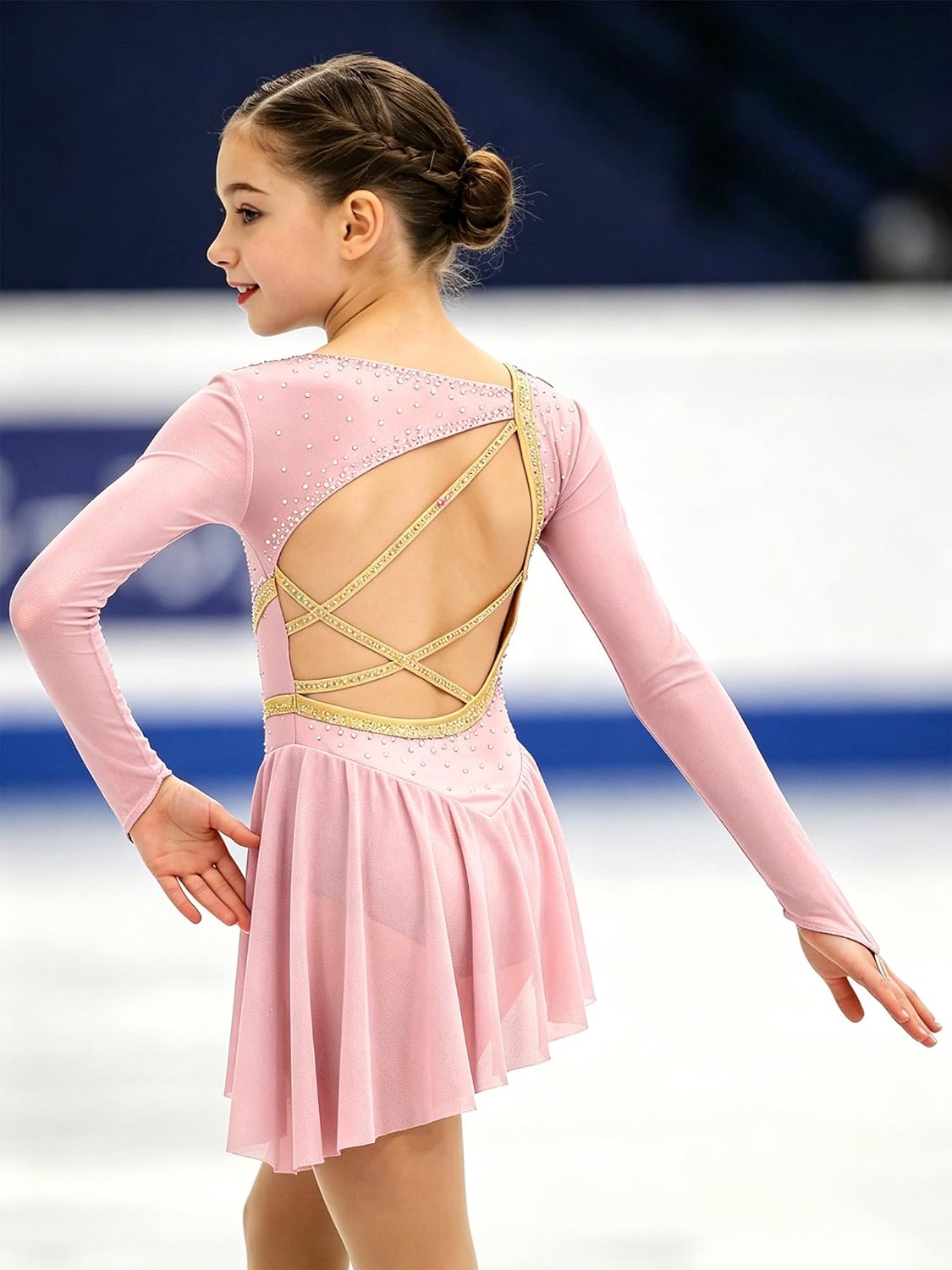 XUNZOO Girls Roller Skating Dress Shiny Rhinestone Long Sleeve Strappy Back Figure Skating Ballet Dance Dress