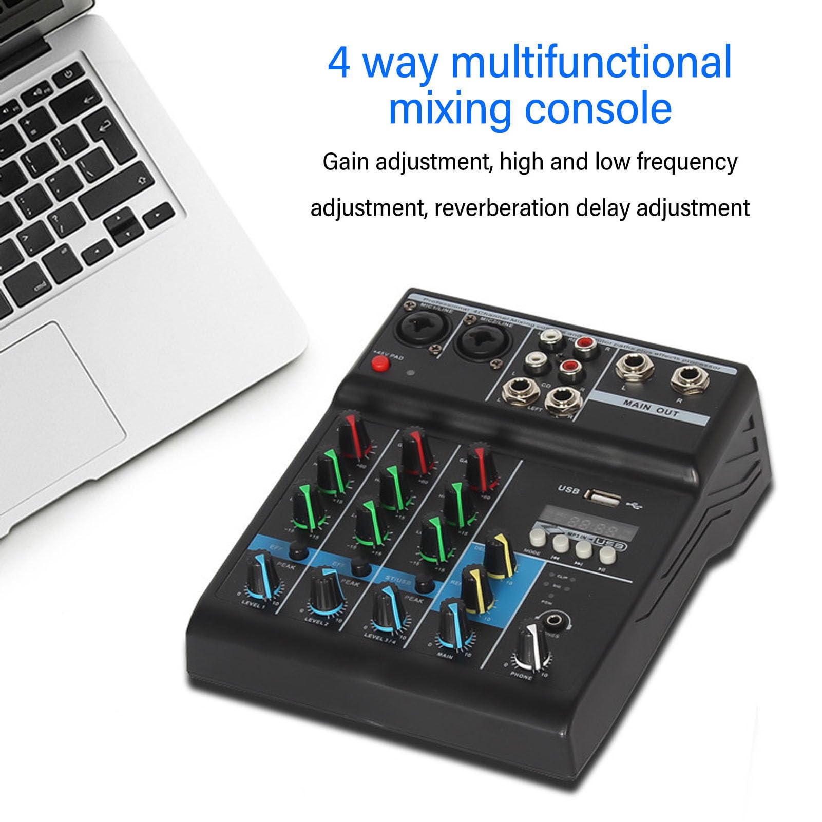 Mixer Audio Professionale con Scheda di Missaggio Audio, USB MP3 a 4 Canali, Alimentazione Phantom 48 V Stereo DJ Studio Streaming FX Processore DSP a 16 Bit