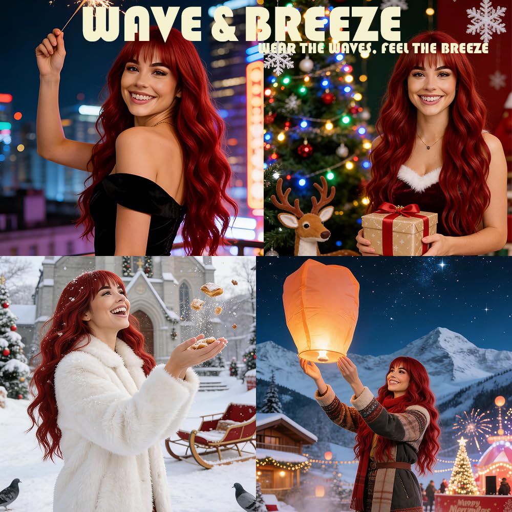 Red Wig with Bangs for Women 26 Inch Long Wavy Curly Hair
