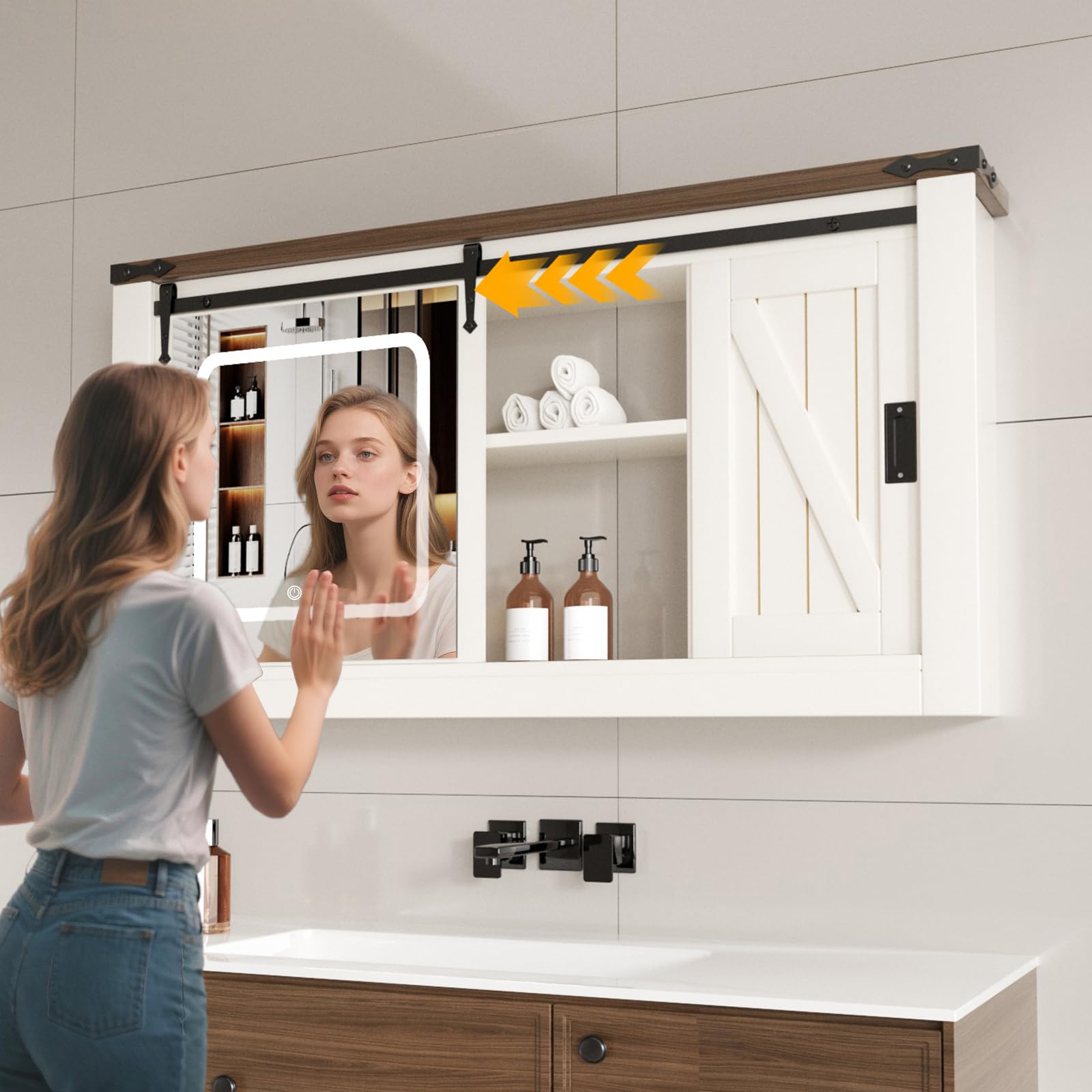 Specchio Bagno Contenitore con Luce Mobile Bagno Armadietto con 5 Mensola Regolabile e Porta asciugacapelli 120 * 19 * 60 cm
