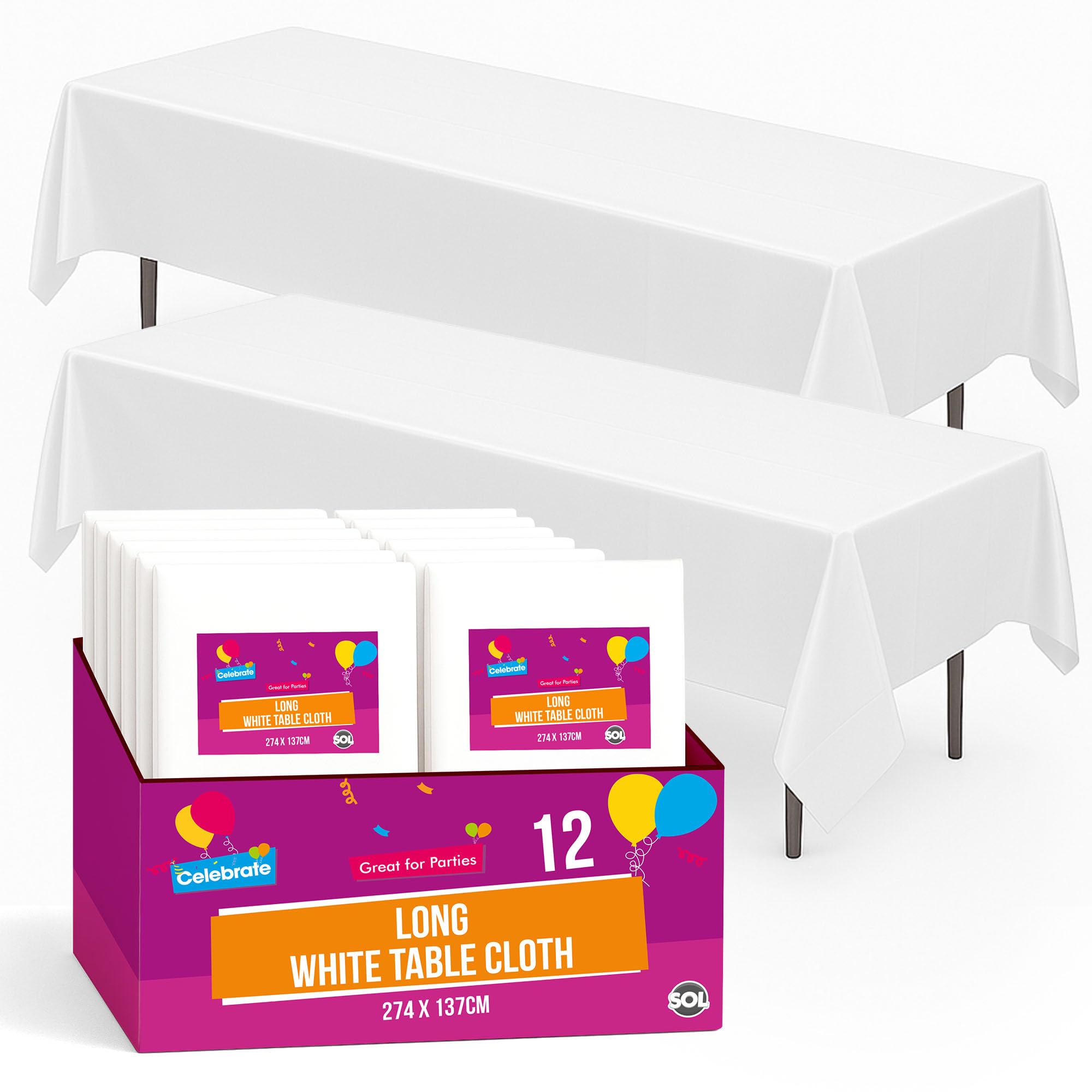 Sol White 12Pk Long Table Cloth Party 274X137cm Plastic Cover Disposable Tablecloths For Parties - Heavy Duty Spill Protection - Opaque Design For Weddings, Buffets, Catering, Outdoor & Theme Events