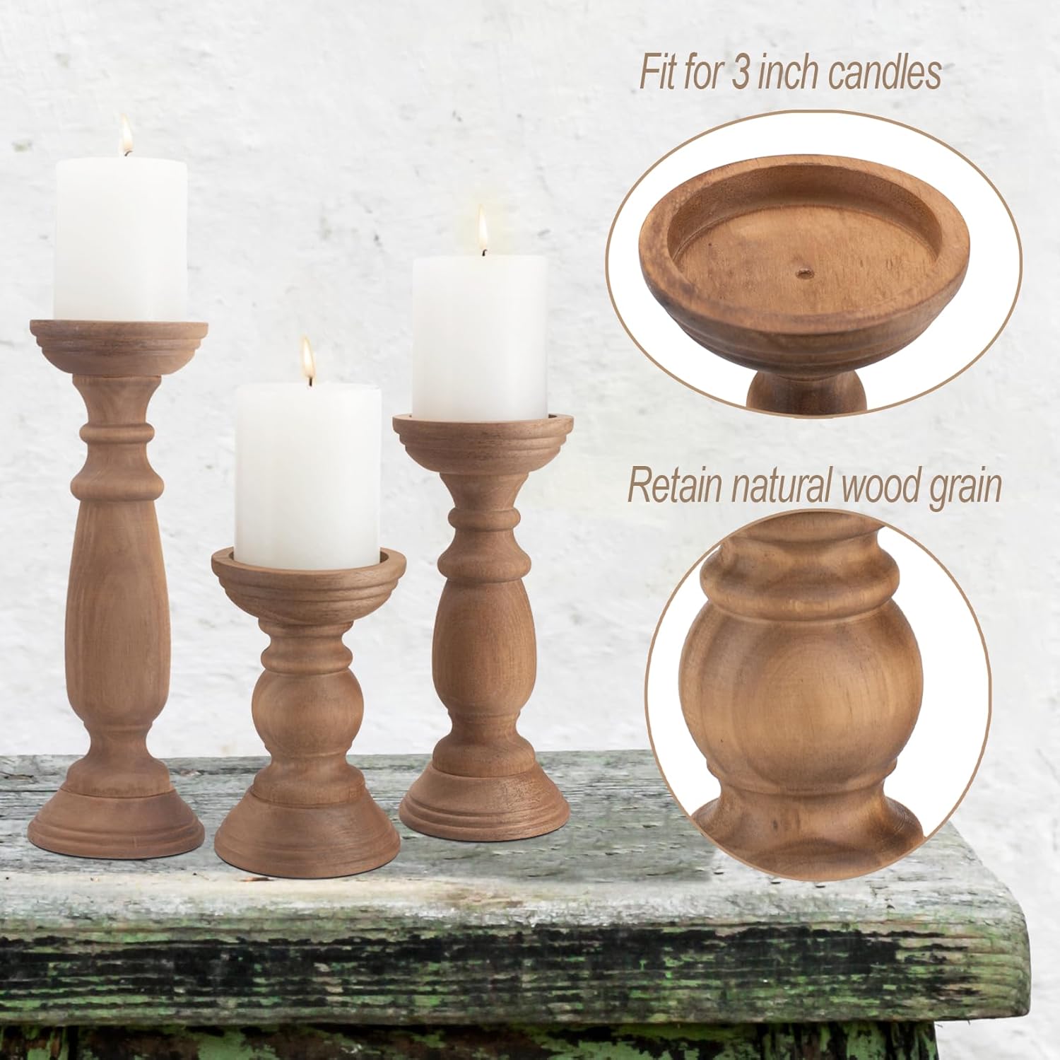 Rustic Wooden Pillar Candle Holders Set of 3, 12'' 9'' 6'' Farmhouse Wood Candle Stand for Table Centerpieces, Vintage Tall Candleholders Fireplace Mantel Decor for Living Room, Brown