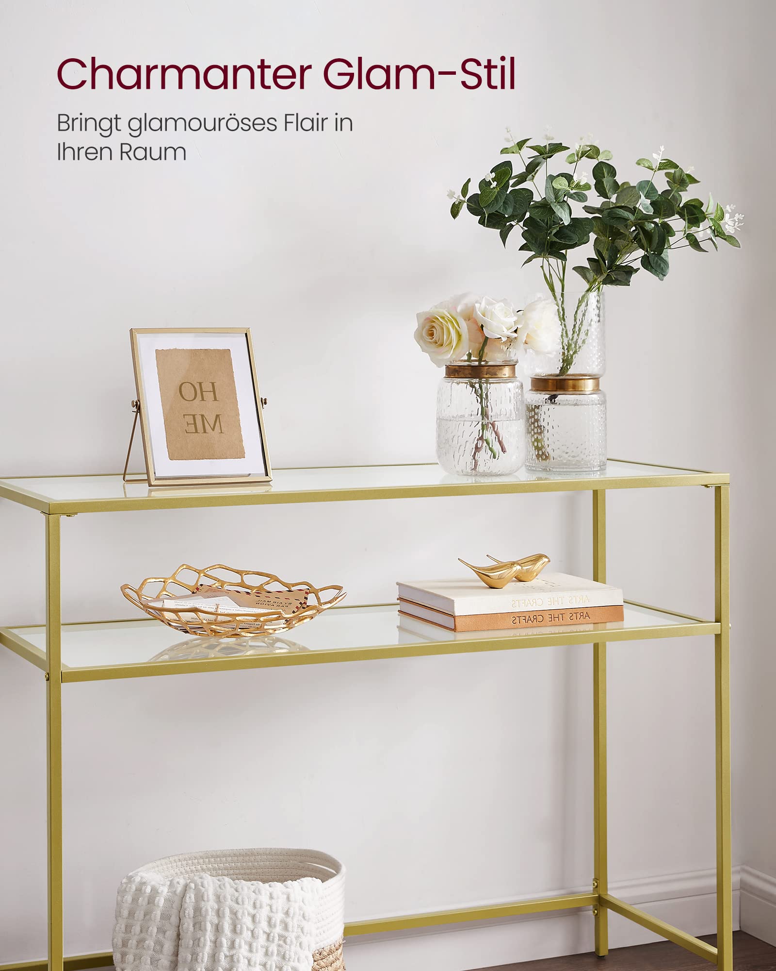 VASAGLE Konsolentisch, Beistelltisch, Oberfläche aus Hartglas, moderner Sofatisch, einfacher Aufbau, verstellbare Füße, Wohnzimmer, Flur, goldfarben-transparent LGT025A01