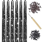 Black Hair Tinsel Kit with Tool 6pcs 1200 Strands Glitter Tinsel Hair Extensions Heat Resistant Sparkling Shiny Fairy Hair Accessories for Women Girls Kids 47Inch