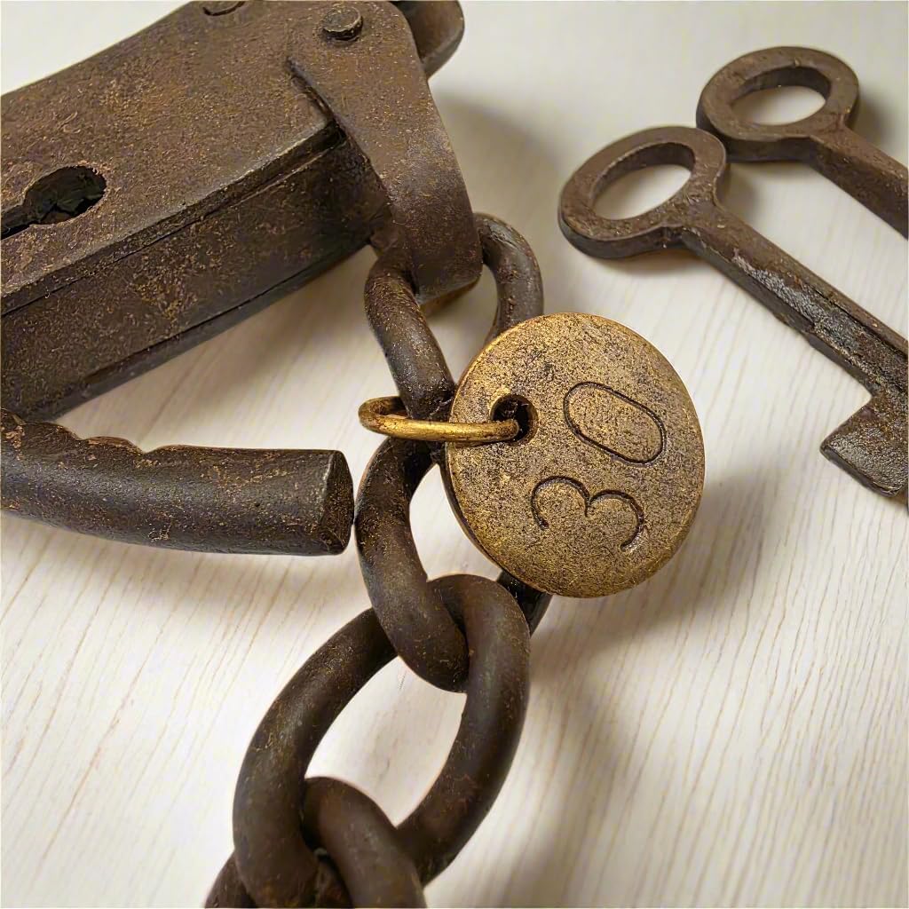 Alcatraz Prison San Francisco Iron Adjustable Handcuffs with Chain Serial Tag and Antique Finish (23" Long)