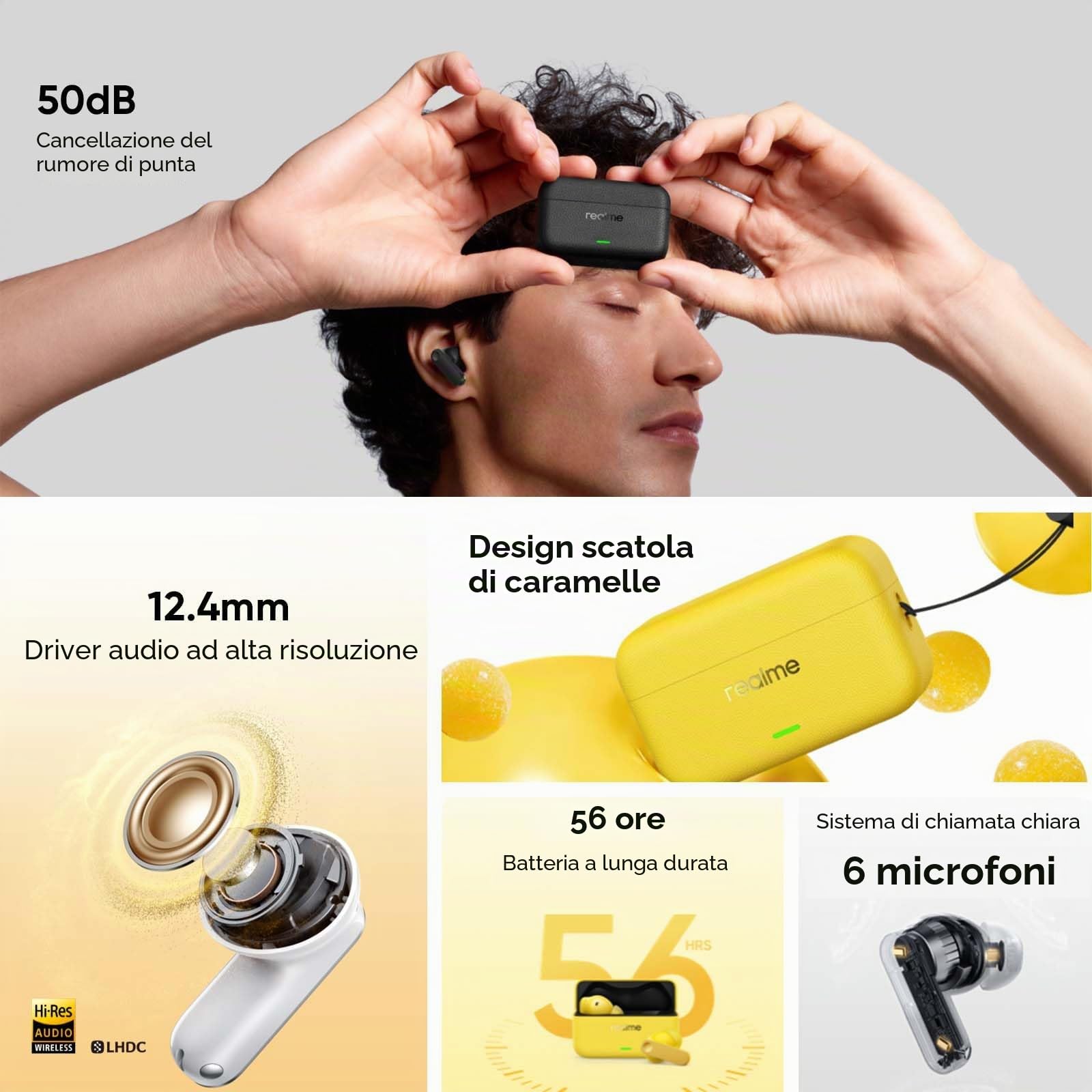 realme Buds T500 Pro Cuffie Bluetooth, Auricolari Wireless con 50dB ANC Adattivo, 56h Autonomia Auricolari Bluetooth, TWS In-Ear con 12,4mm Hi-Res Audio Controller, Traduzione AI, BT 6.1 e IP55