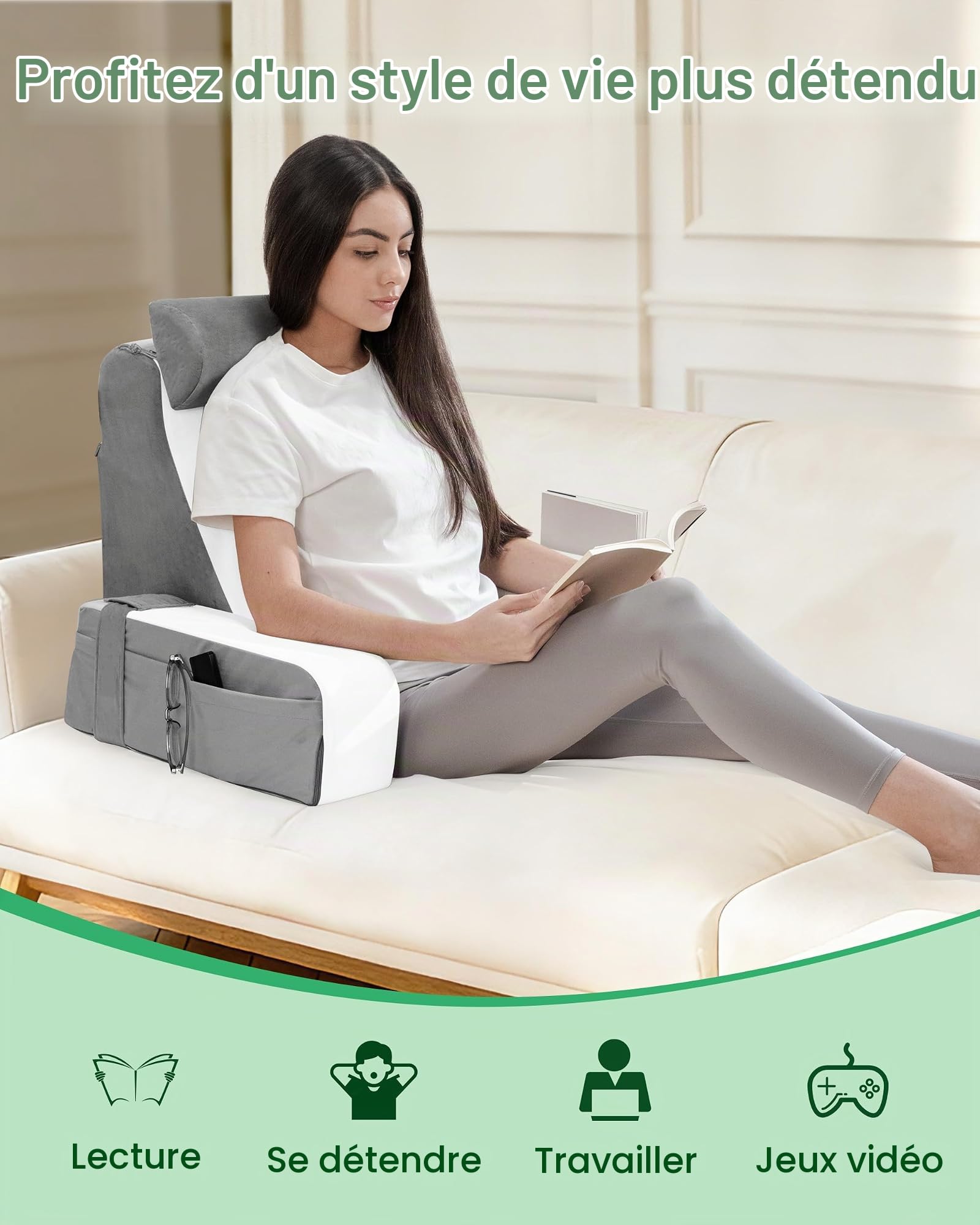 Coussin de Lecture pour Lit Coussin Support Dorsale | Avec Oreiller Cervical et Accoudoirs Amovibles, Oreiller de Lecture pour se Détendre, Regarder la Télévision ou Lire