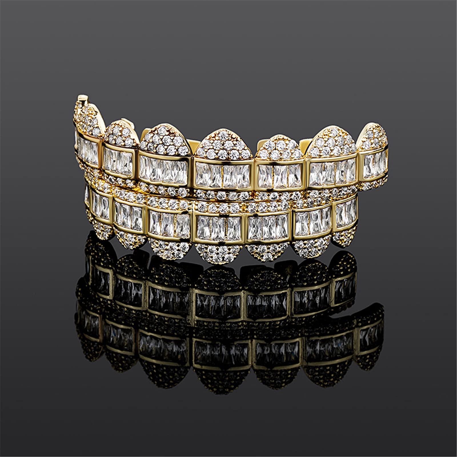 Fantex Iced Out Brillant Baguette CZ Diamant Dents Grills Porter Ensemble de Bijoux, Or 18K Plaqué Or Hip Hop Dents Bretelles pour Hommes Femmes (White)