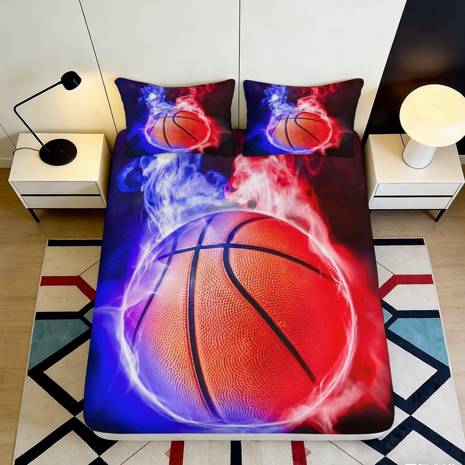 Jqzkxnhpbr Style-2 3D Printed Basketball Fire Fitted Sheet Microfiber Soft Blue Red Smoke Bed Cover For Bedroom Dorm Mattress Protection Decor 90X200x25cm