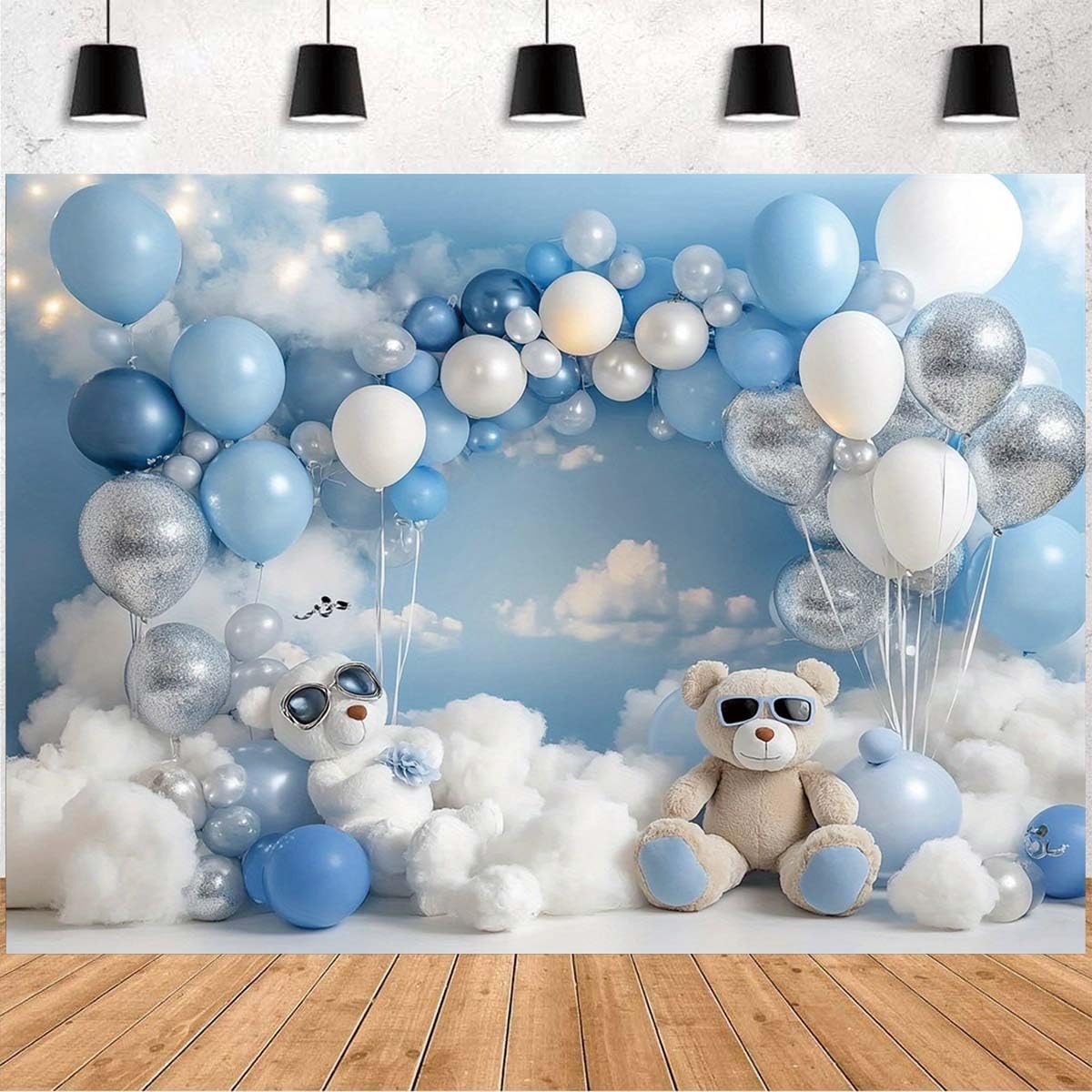 One Birthday Party Backdrop - Boy & Girl Blue Hot Air Balloons, Bear & Cake Table Background (A4, 7x5ft)