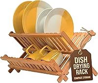 Bambüsi Collapsible 2-Tier Bamboo Dish Drying Rack - Foldable Eco-Friendly Countertop Drainer for Plates Cups Bowls Utensils