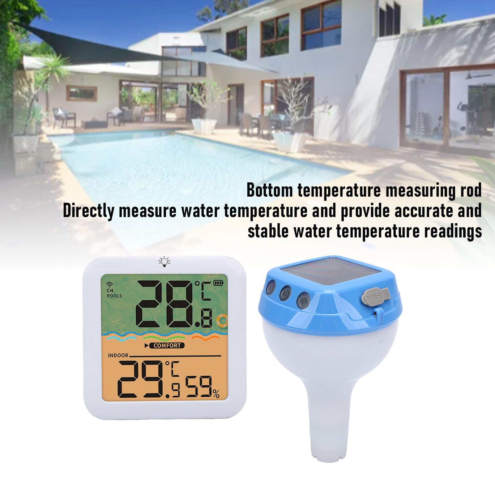 LICAEVEY Termómetro Solar Digital para Piscina con Luz RGB, Pantalla Clara para Temperatura Interior y Exterior, Termómetro de Agua Inalámbrico Flotante, Fácil Lectura (BLUE)