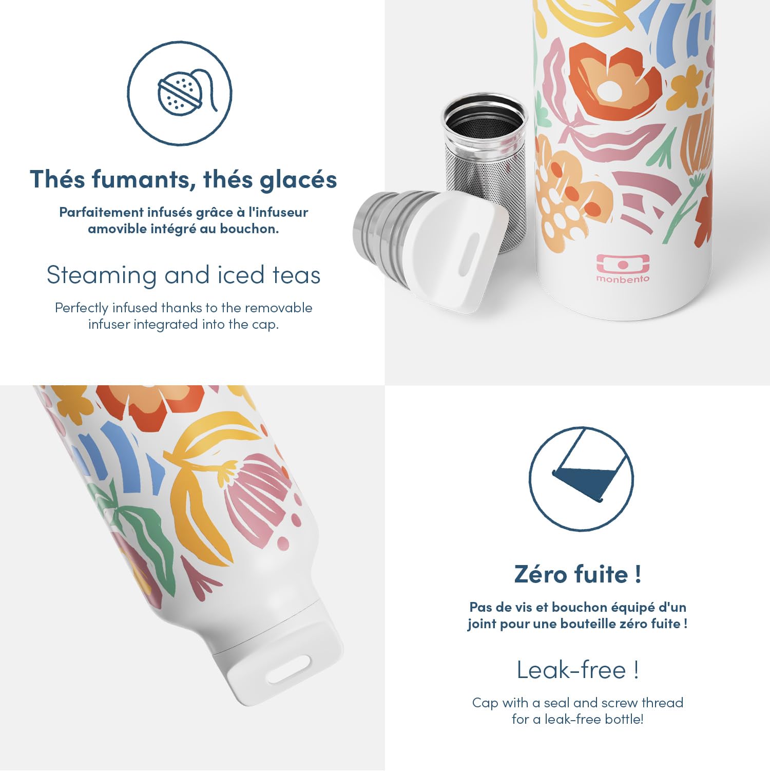 monbento - Bouteille isotherme Steel graphic Papercut - Gourde Isotherme Inox 500ml avec Infuseur Thé/Fruit - Garde Boissons Chaudes/Froides - Bouteille Inox Idéale Bureau/Pique-nique/Sport - Fleurs