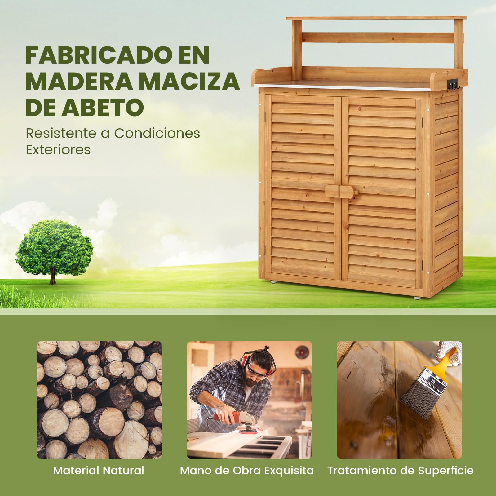 COSTWAY Armario Exterior de Madera Abeto, Cobertizo Exterior con Encimera de Metal Galvanizado, Estantes Extraíbles y 2 Puertas, Caseta Jardin Terraza Balcon, 87 x 45 x 120 cm (Natural)