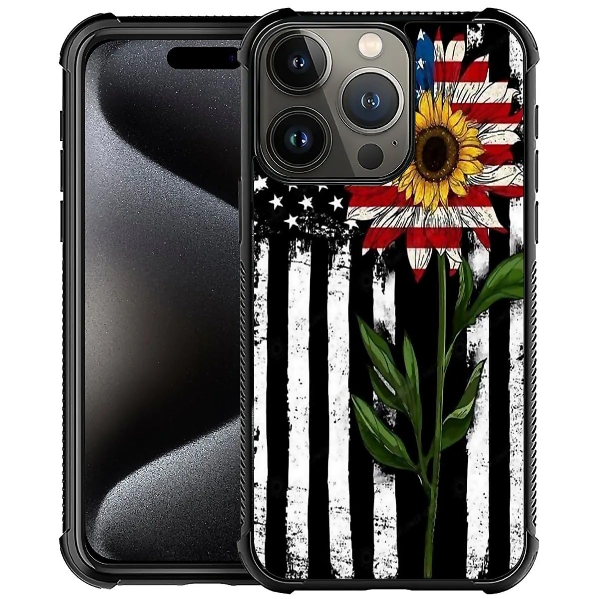 Yesad Compatible with iPhone 16 Pro Case,Sunflower American Flag Soft TPU Bumper Shockproof Tempered Glass Back Cover Case for iPhone 16 Pro