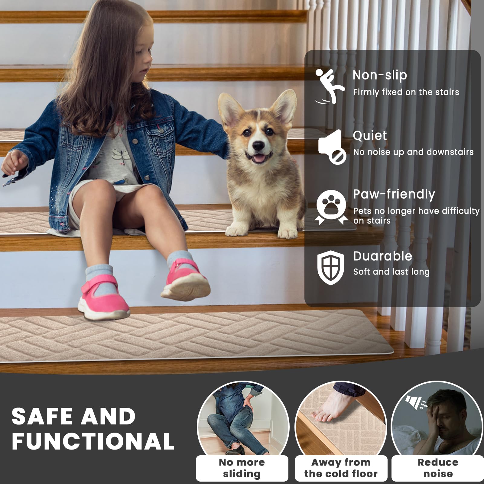 Alfombrillas para Escaleras Antideslizantes, 15 Alfombrillas Autoadhesivas Escalones Interiores, Reutilizables para Mascotas, Mayores, Niños (Estampado de Rombos, Beige, 76x20 cm)