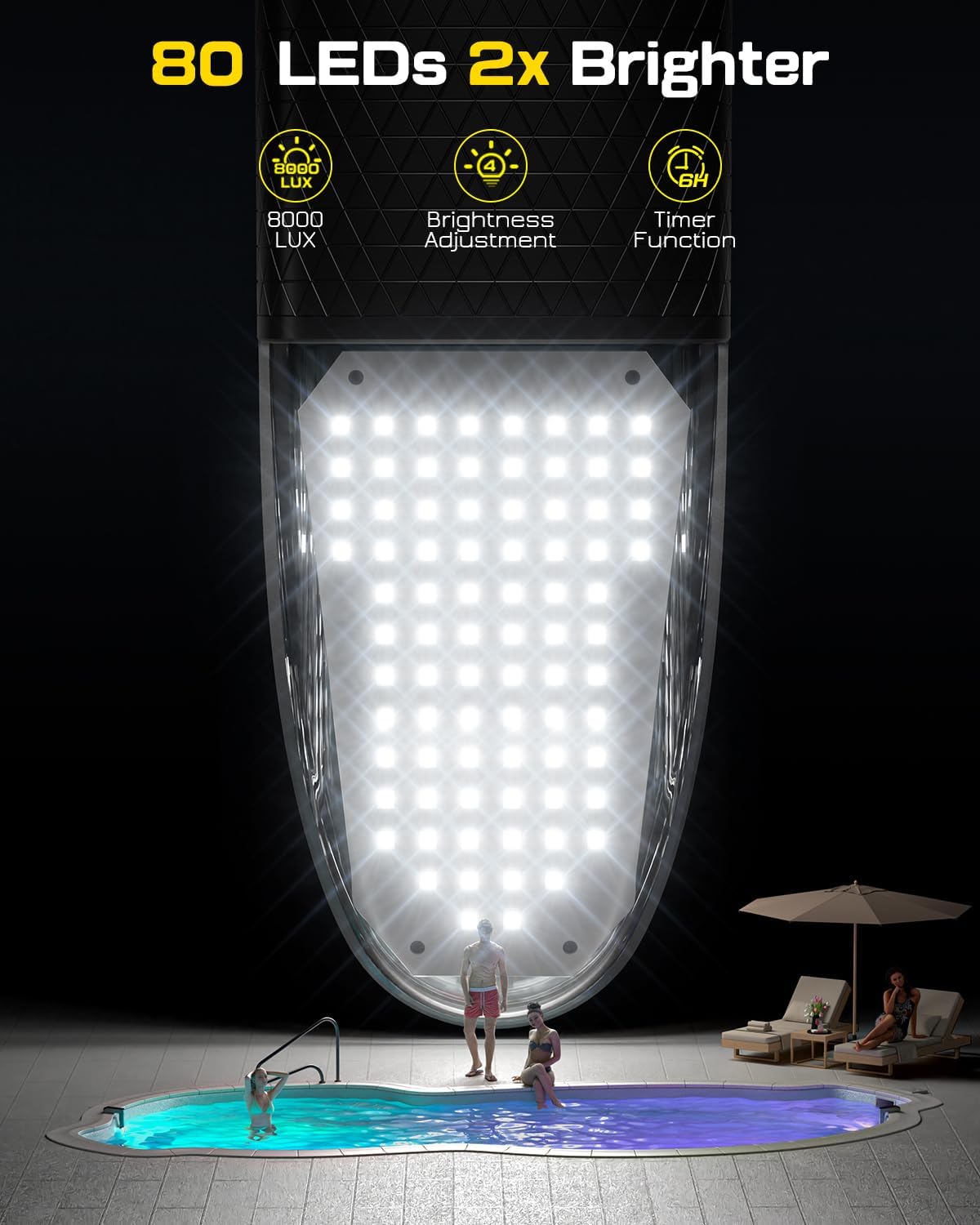 Extra Large Solar Pool Lights for Inground & Above Ground Pools, 80 LED RGBIC Underwater Pool Lights with Remote, Dual-Color Lighting, 10 Colors & 7 Modes, Solar & USB Rechargeable, IP68 Waterproof
