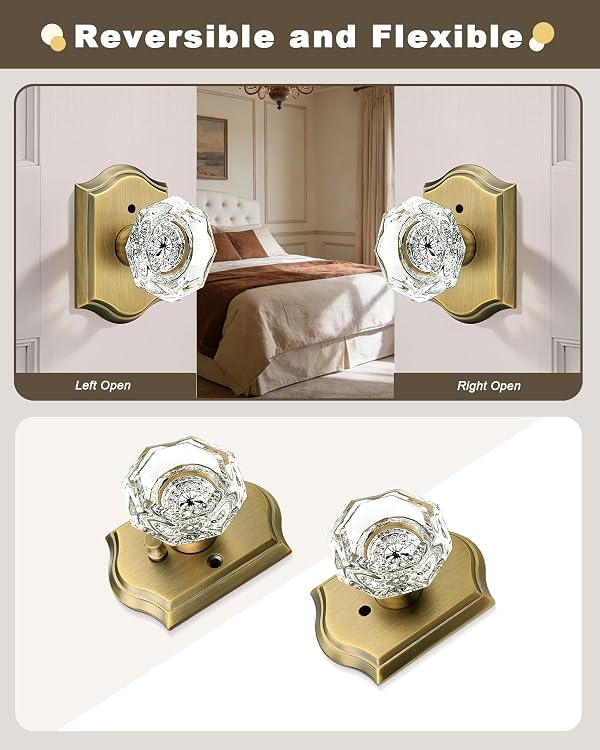 Gobrico Privacy Door Lock Sets Crystal Knobs Heavy Duty Door Hardware,Keyless Bath/Bed Door Knobset with Lock Inside,Push Pin Button,Antique Brass Arched Rosette,2 Pack by Gobrico - Image 7