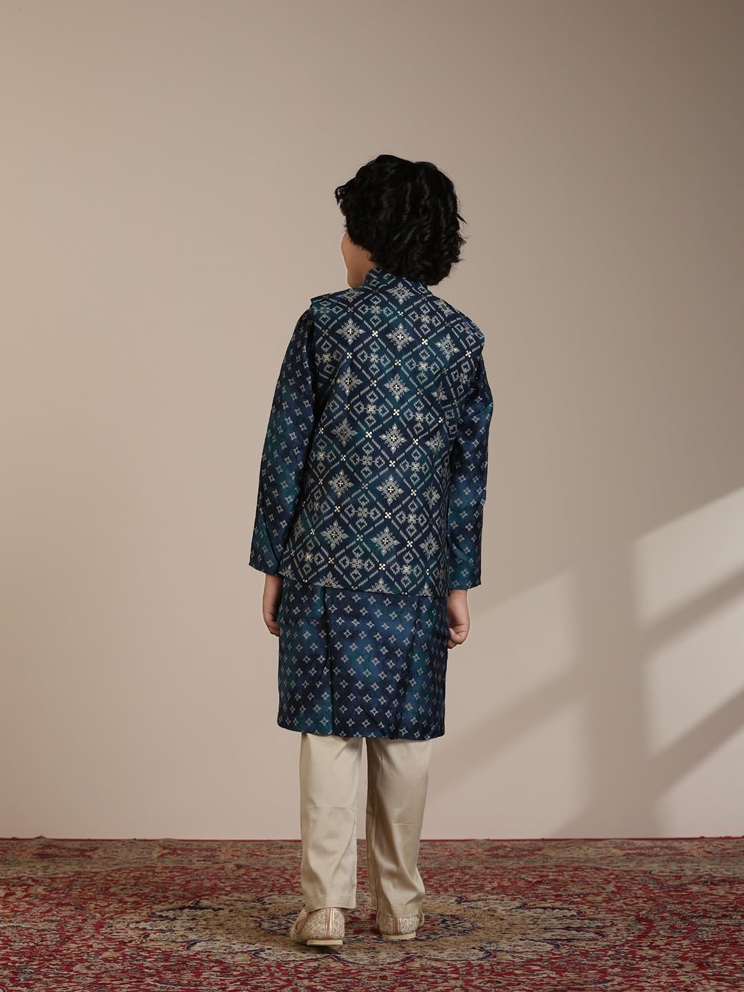 Manyavar Blended Viscose Foil Print Kurta Jacket Pyjama Set for Child(5-6 years) 3