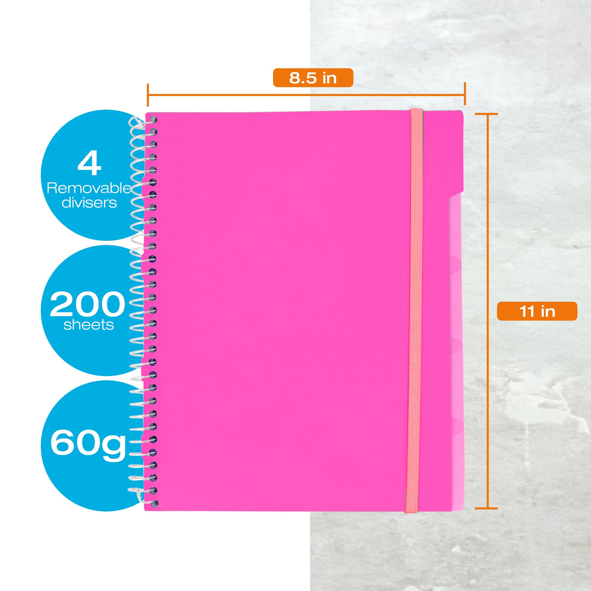 Confetti Cahier à spirales perforé pour école et bureau, reliure à spirale robuste avec 4 intercalaires et poche de rangement – 200 feuilles – Rose