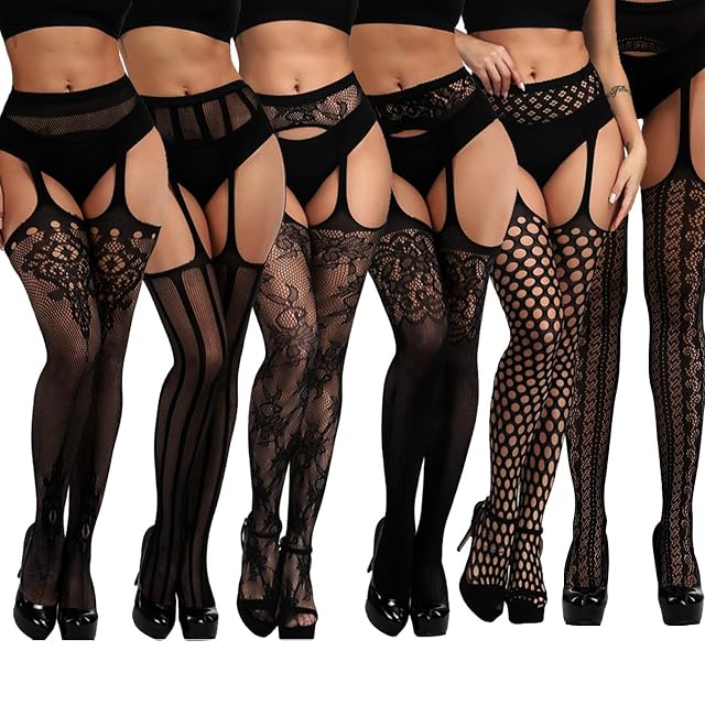 DRESHOW 6 Pack Fishnet Garter Belt Stocking Suspender Pantyhose Tights Thigh High Pantyhose
