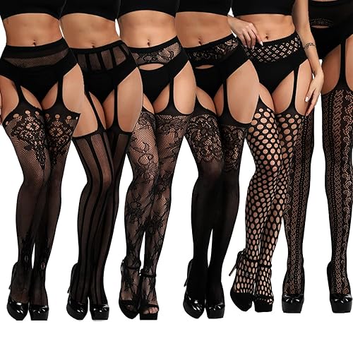 DRESHOW 6 Pack Fishnet Garter Belt Stocking Suspender Pantyhose Tights Thigh High Pantyhose - One Size - 6 Pair G: Black Pantyhoses