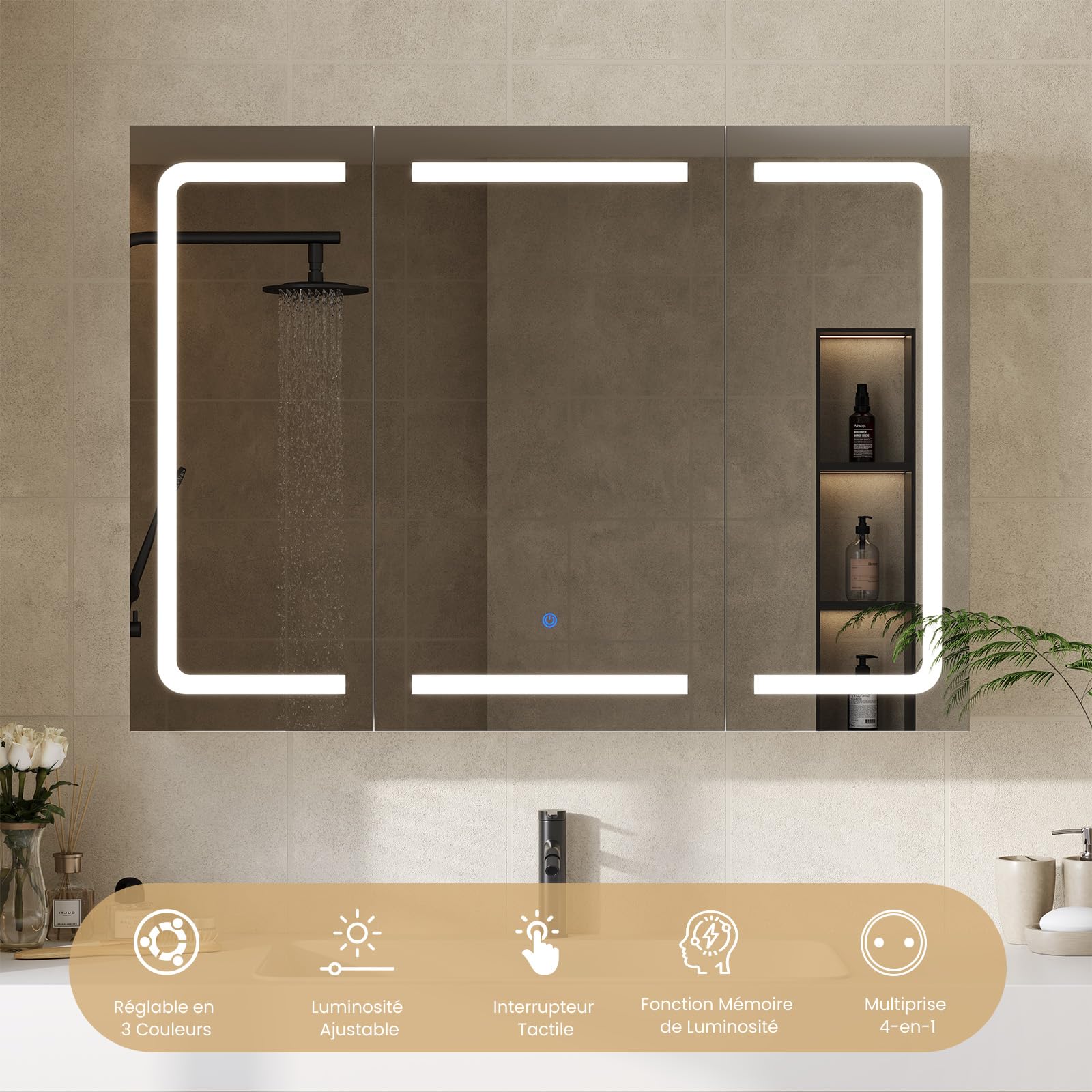 DICTAC Armoire de Toilette Miroir avec éclairage LED et Prise,Meuble Salle de Bain avec Rangement et Étagère Réglable,Armoire Murale avec 3 Portes Miroirs,Miroir Salle de Bain,80 x 60 x 16cm,Blanc